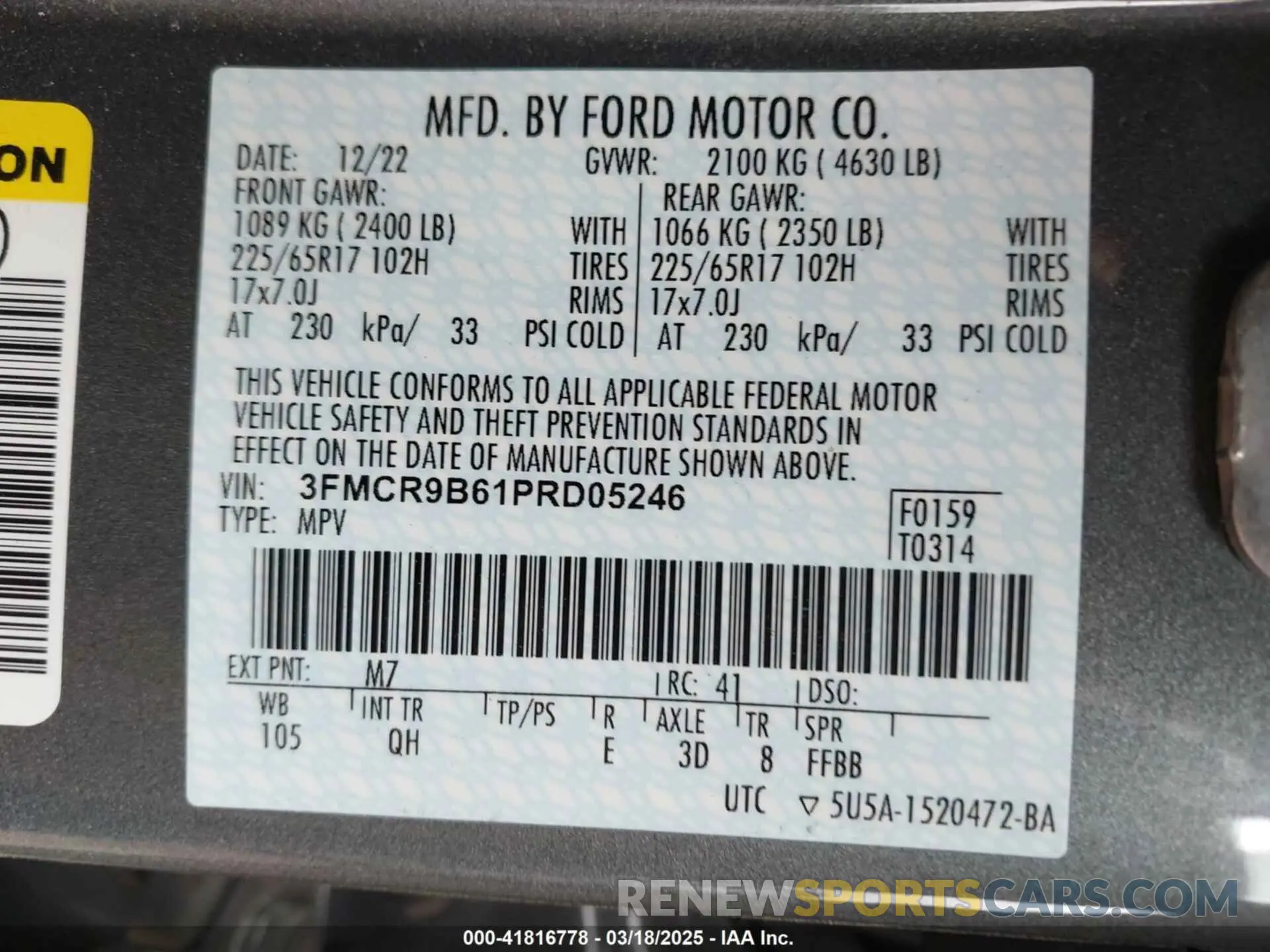 9 Photograph of a damaged car 3FMCR9B61PRD05246 FORD BRONCO SPORT 2023