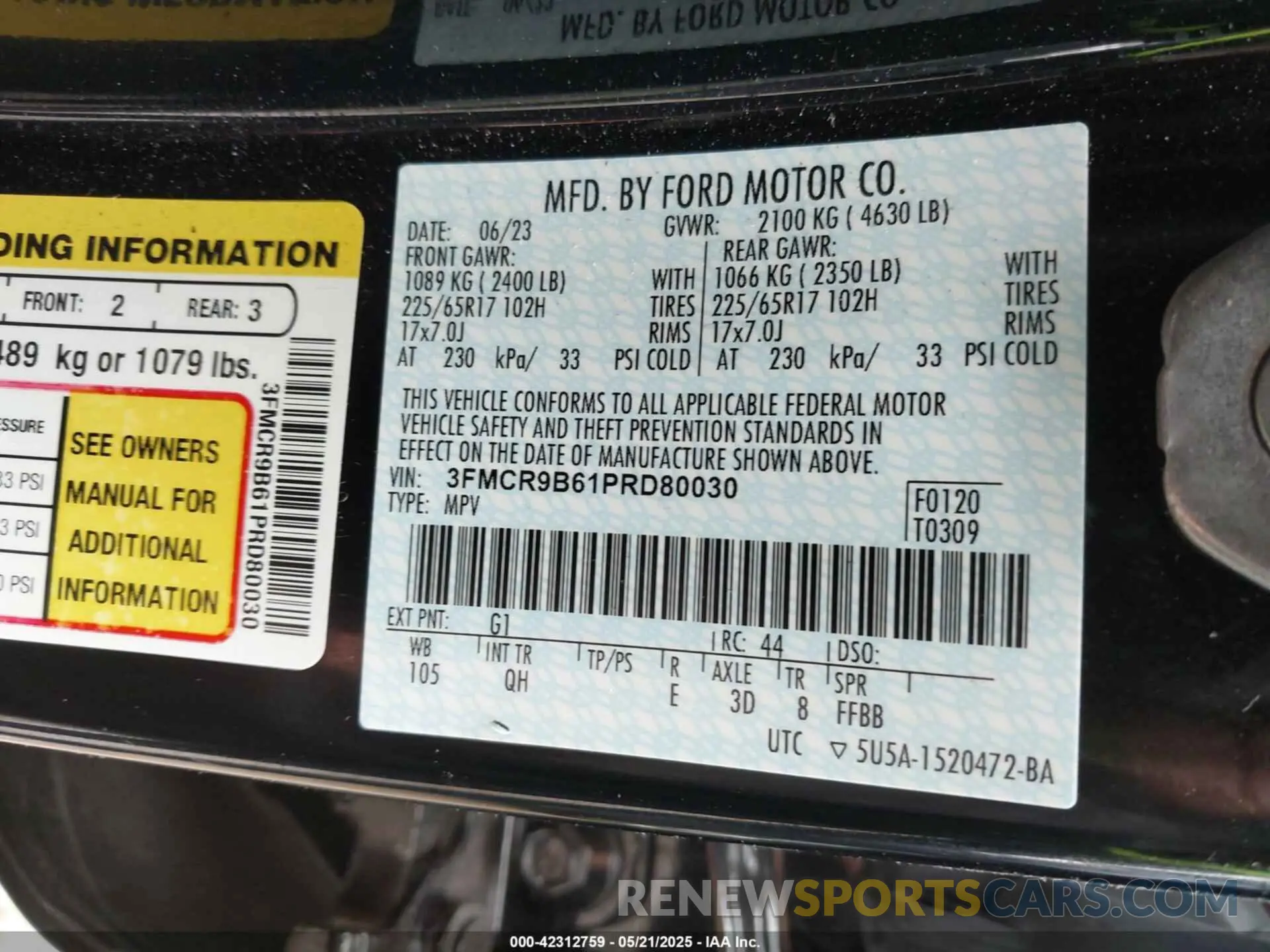 9 Photograph of a damaged car 3FMCR9B61PRD80030 FORD BRONCO SPORT 2023