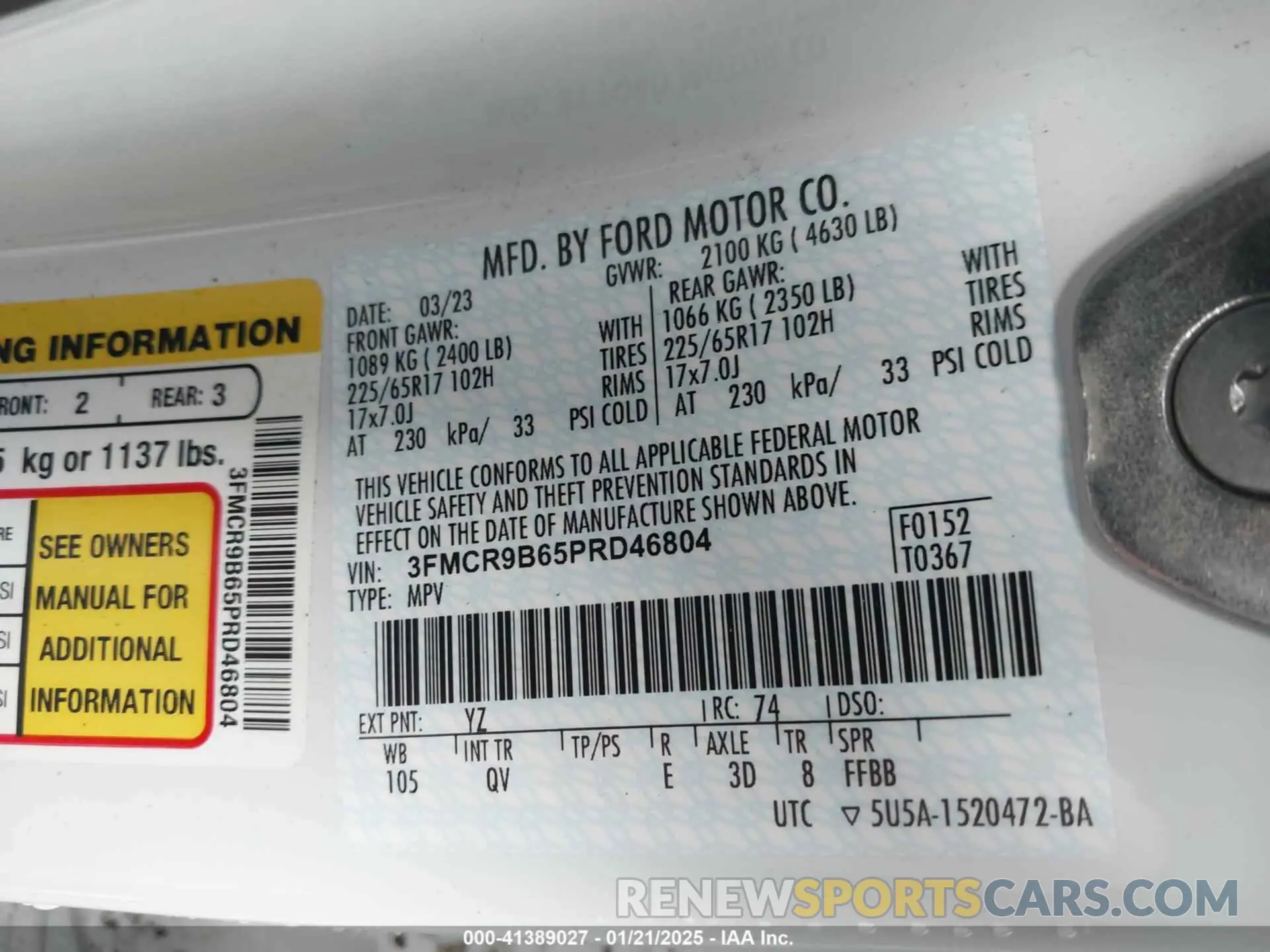 9 Photograph of a damaged car 3FMCR9B65PRD46804 FORD BRONCO SPORT 2023