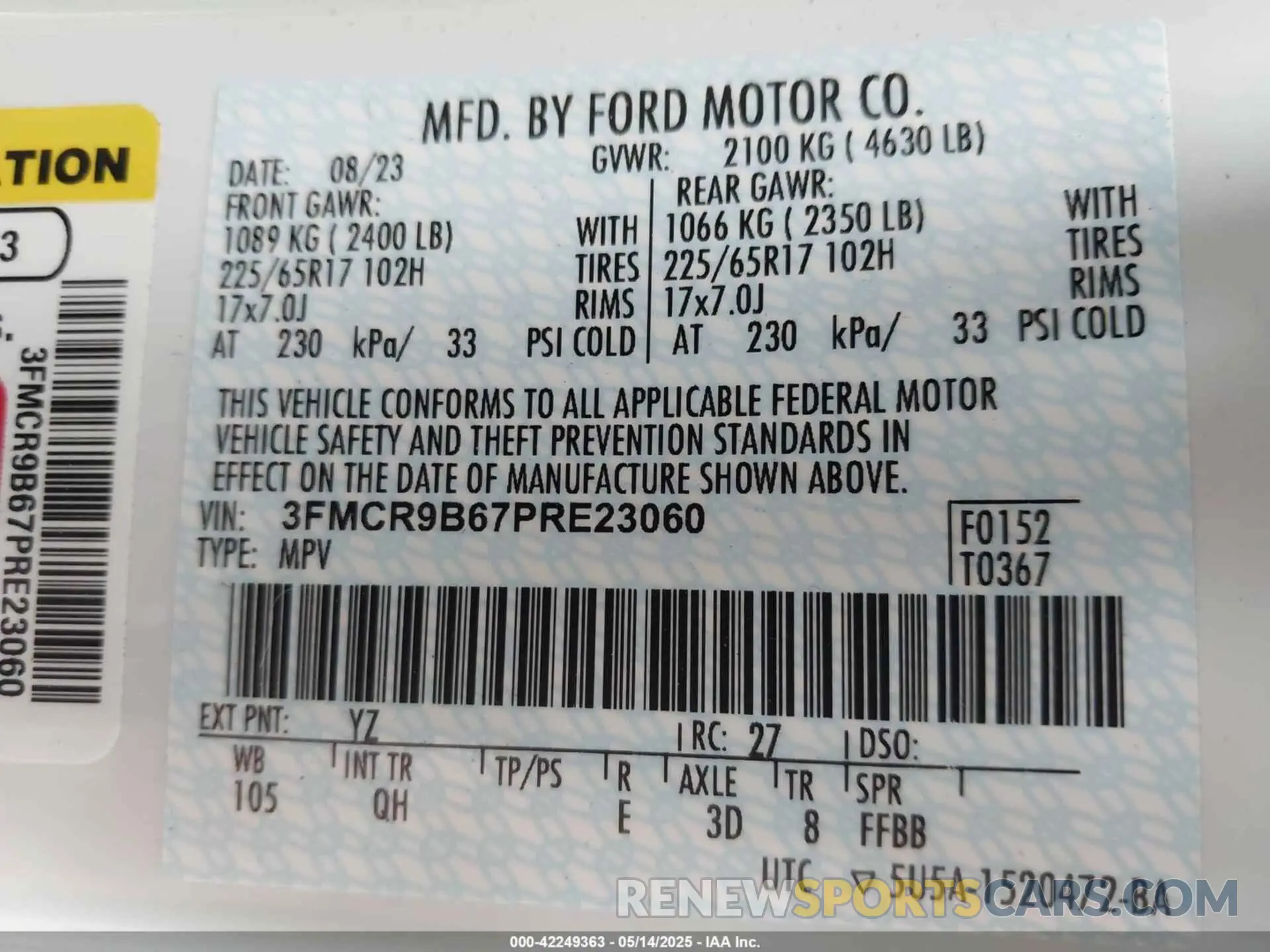 9 Photograph of a damaged car 3FMCR9B67PRE23060 FORD BRONCO SPORT 2023