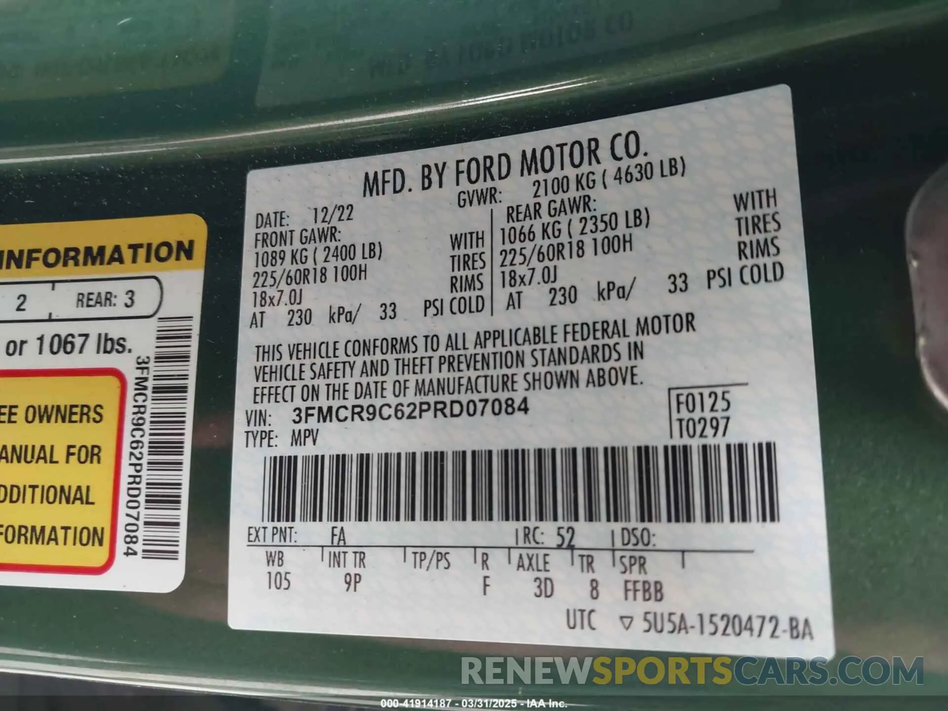 9 Photograph of a damaged car 3FMCR9C62PRD07084 FORD BRONCO SPORT 2023