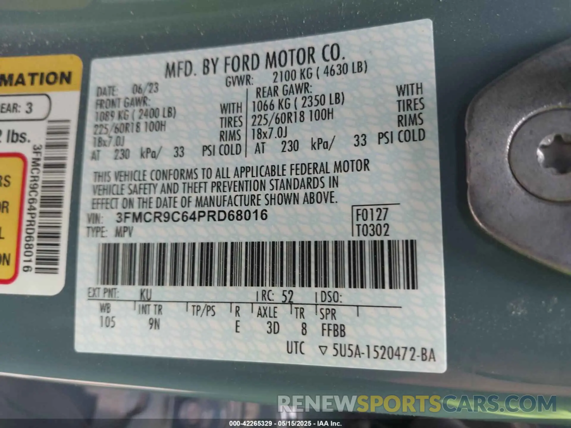 9 Photograph of a damaged car 3FMCR9C64PRD68016 FORD BRONCO SPORT 2023