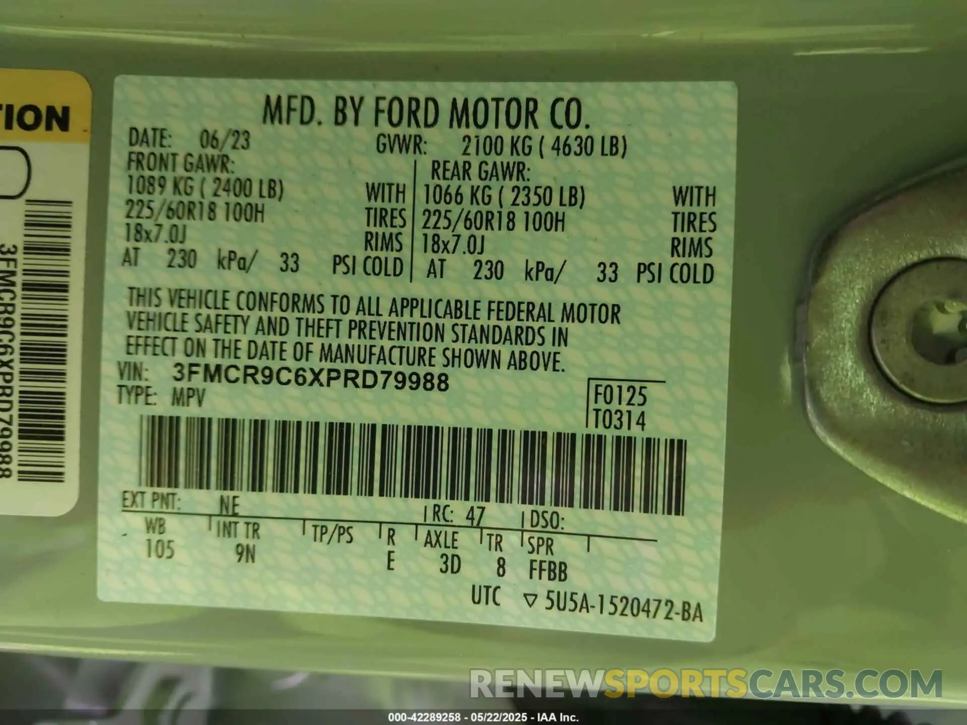 9 Photograph of a damaged car 3FMCR9C6XPRD79988 FORD BRONCO SPORT 2023