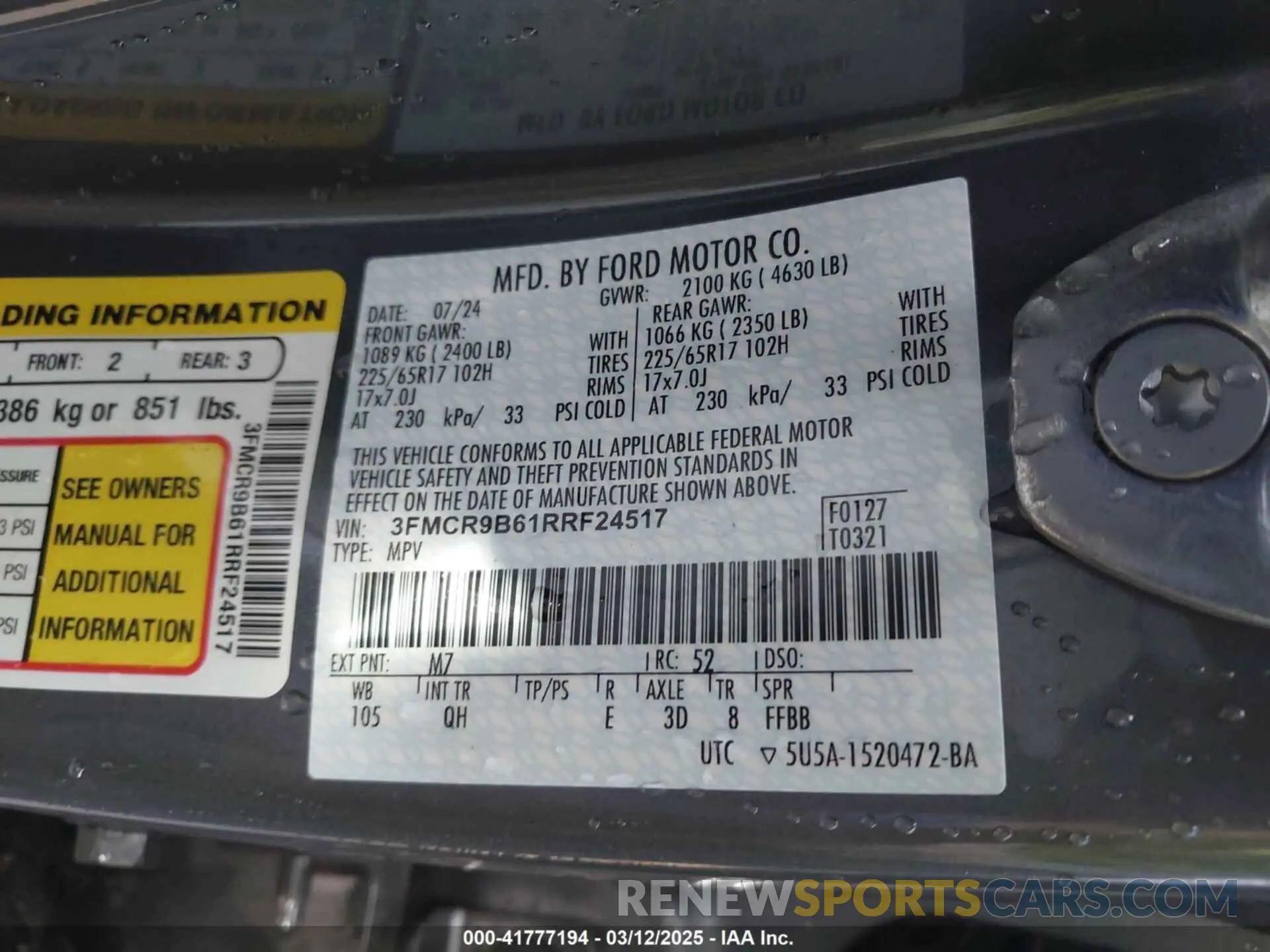 9 Photograph of a damaged car 3FMCR9B61RRF24517 FORD BRONCO SPORT 2024