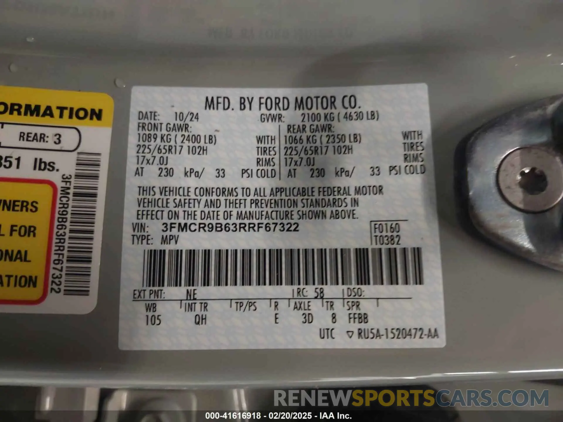 9 Photograph of a damaged car 3FMCR9B63RRF67322 FORD BRONCO SPORT 2024