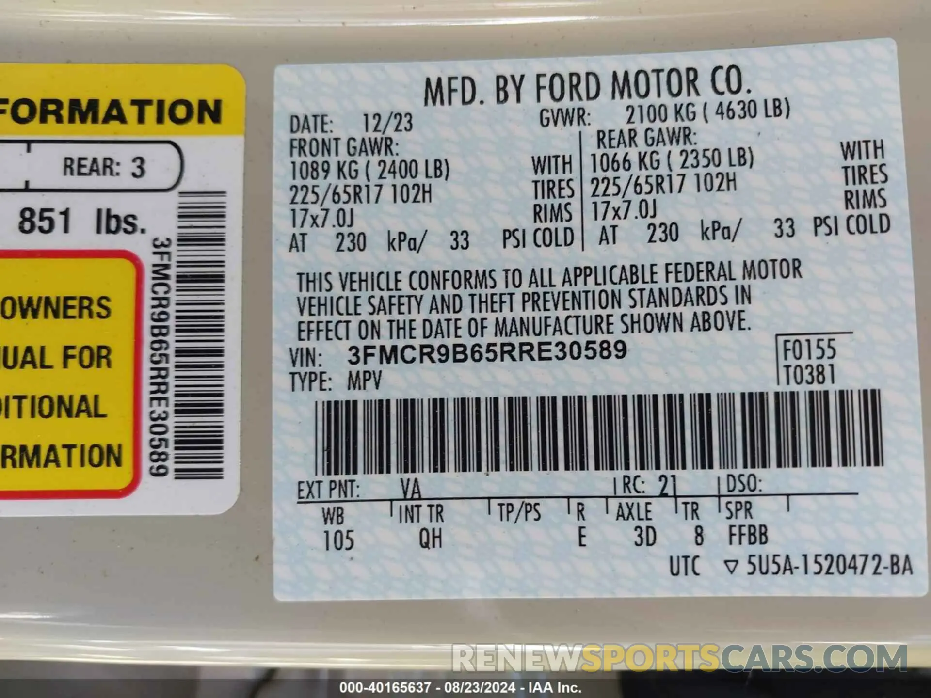 9 Photograph of a damaged car 3FMCR9B65RRE30589 FORD BRONCO SPORT 2024