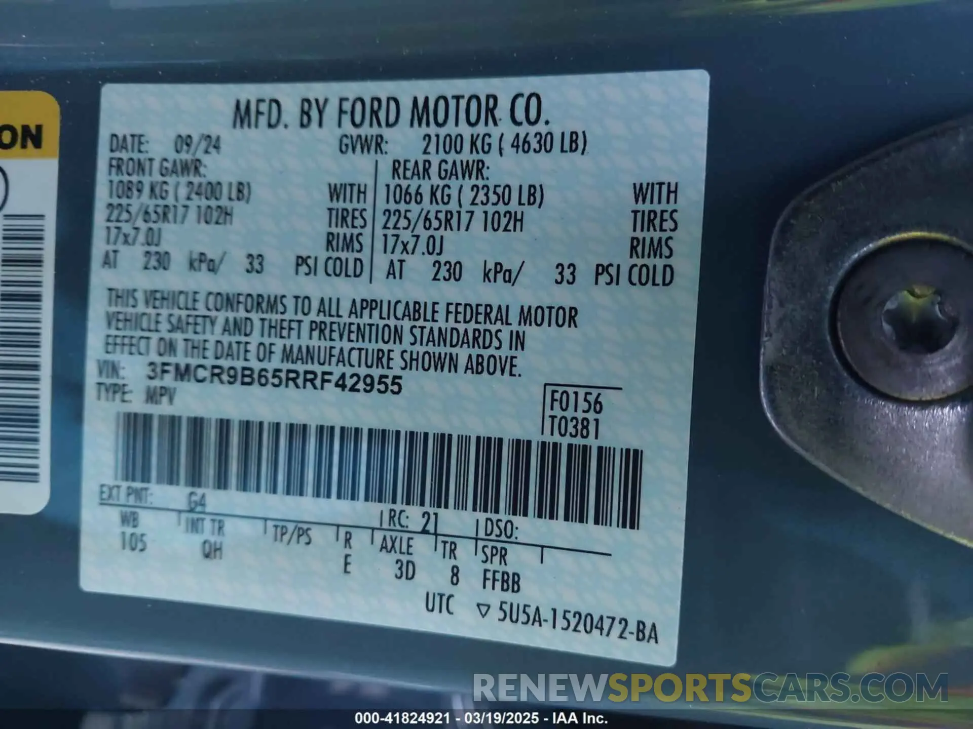 9 Photograph of a damaged car 3FMCR9B65RRF42955 FORD BRONCO SPORT 2024