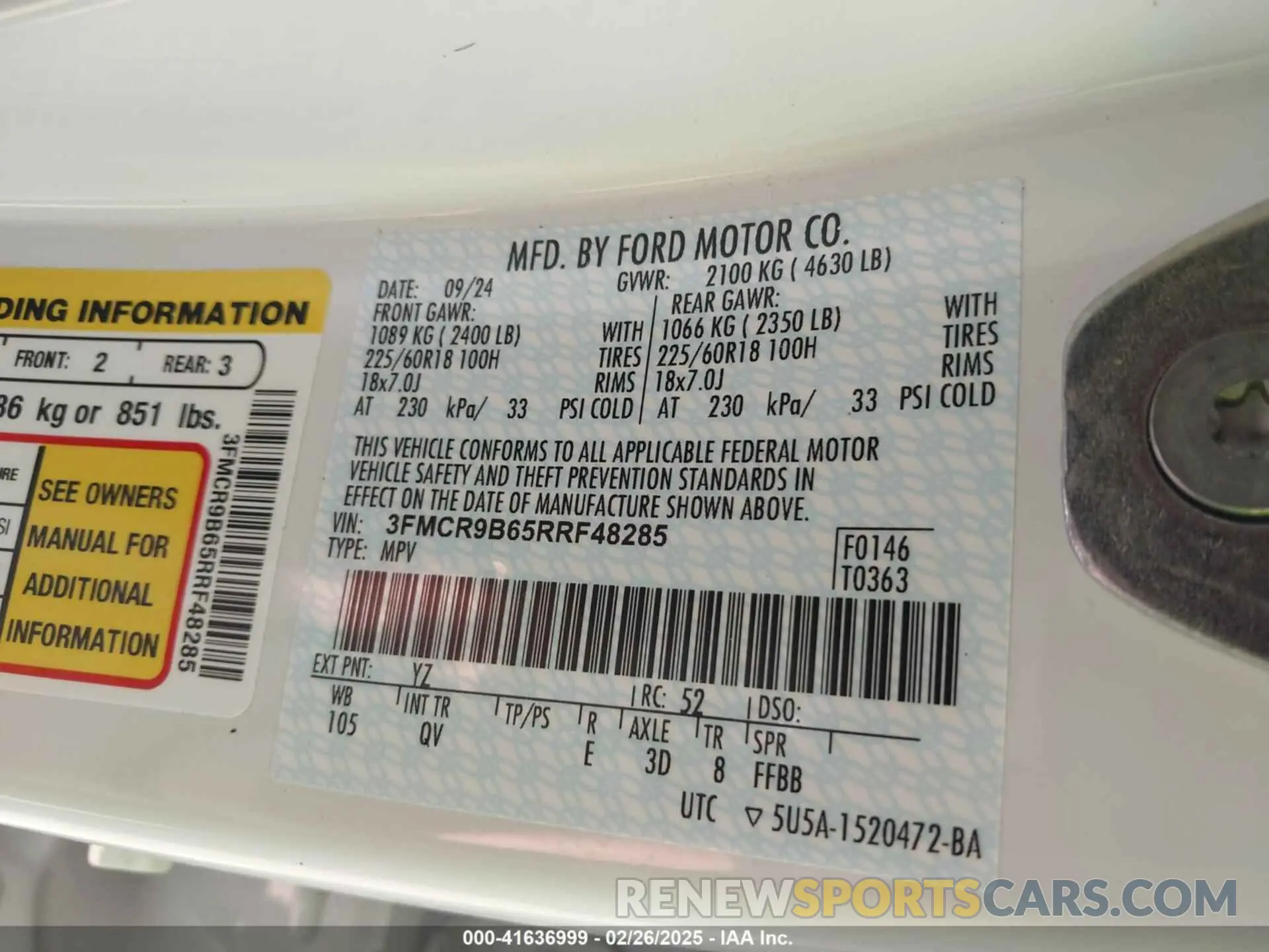9 Photograph of a damaged car 3FMCR9B65RRF48285 FORD BRONCO SPORT 2024