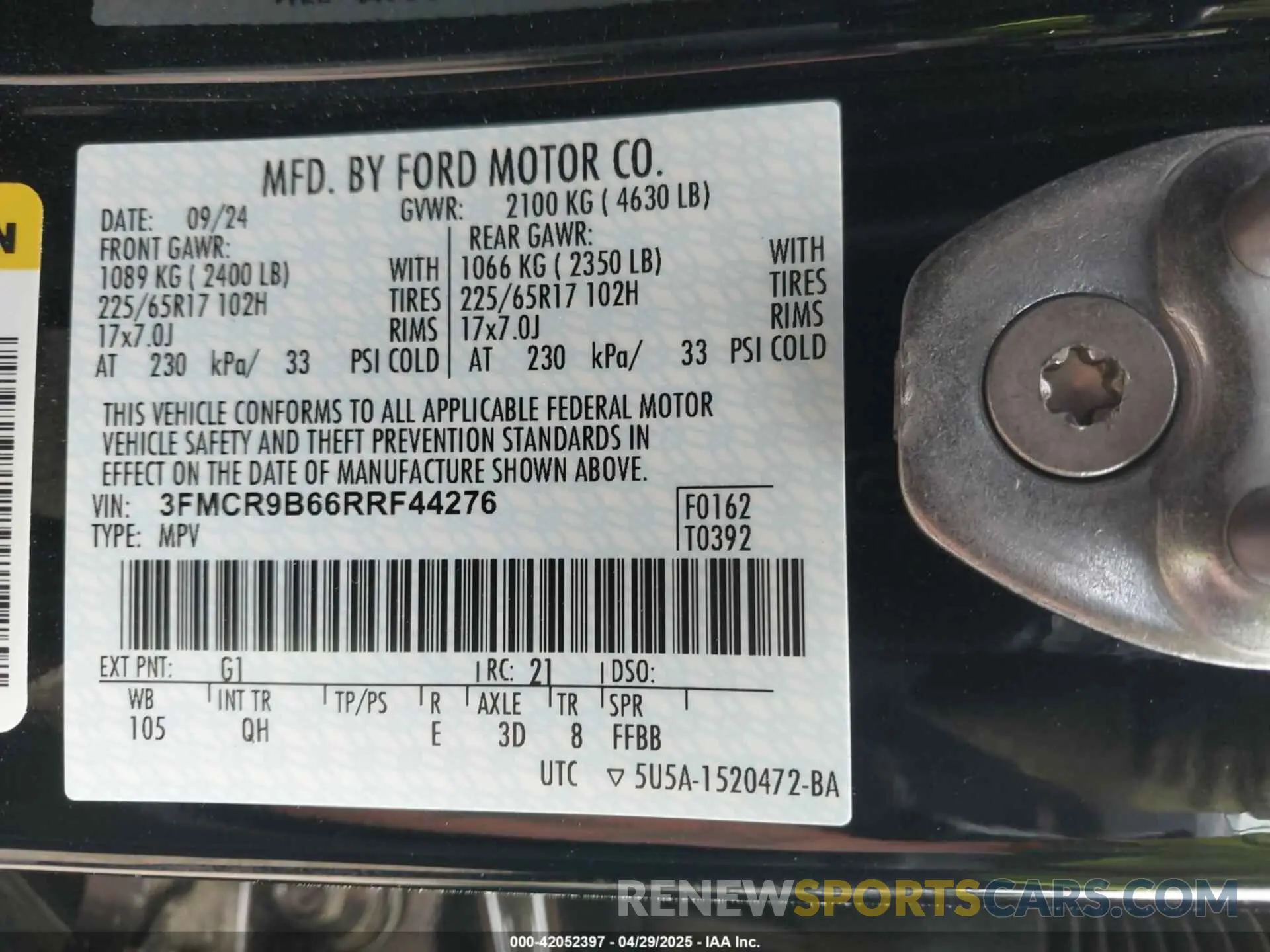 9 Photograph of a damaged car 3FMCR9B66RRF44276 FORD BRONCO SPORT 2024