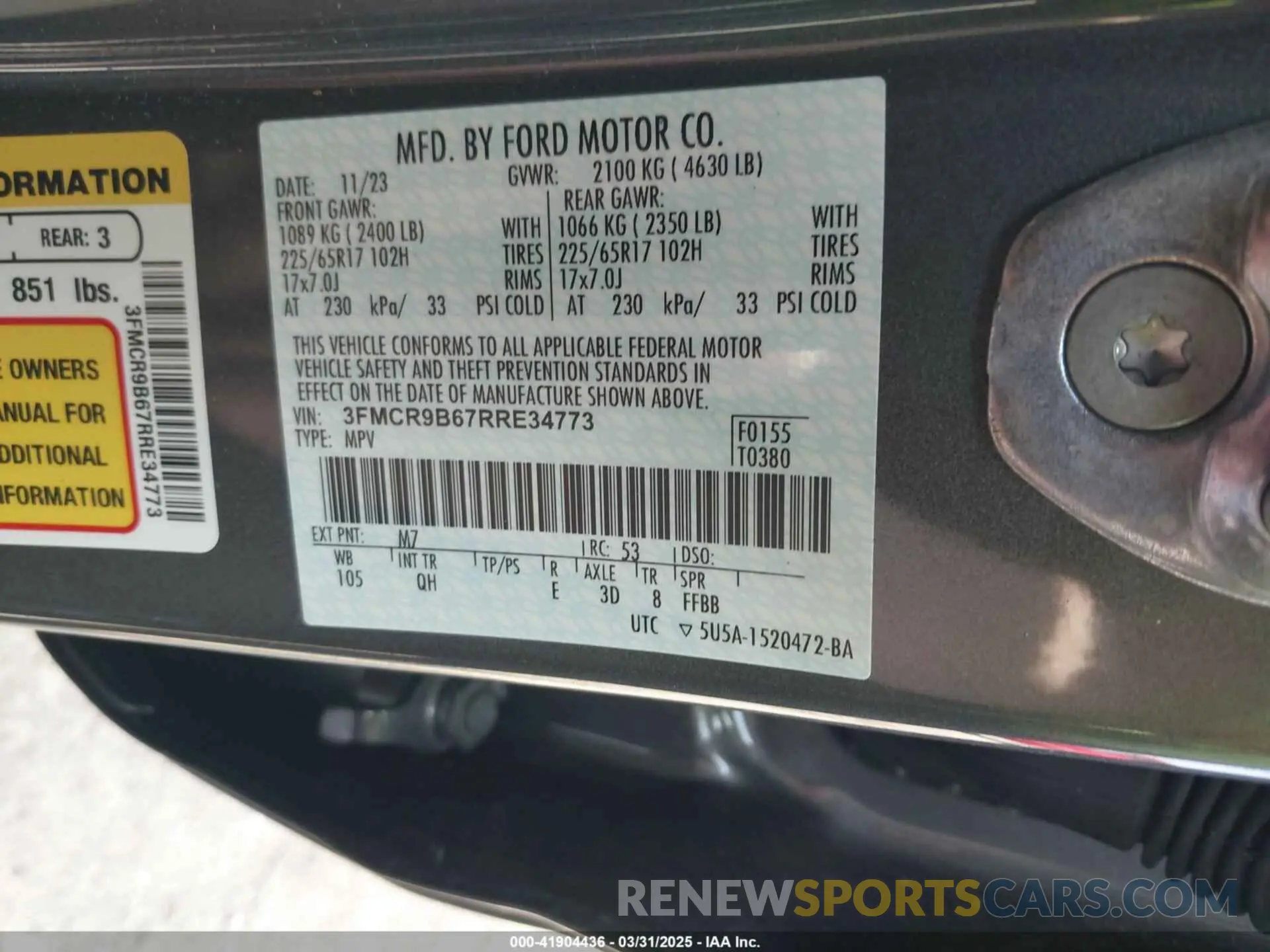 9 Photograph of a damaged car 3FMCR9B67RRE34773 FORD BRONCO SPORT 2024