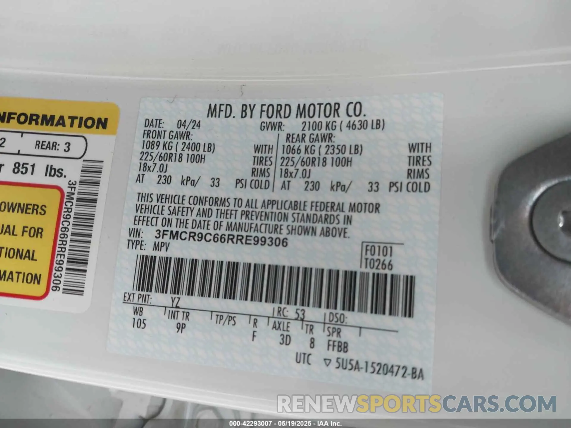 9 Photograph of a damaged car 3FMCR9C66RRE99306 FORD BRONCO SPORT 2024