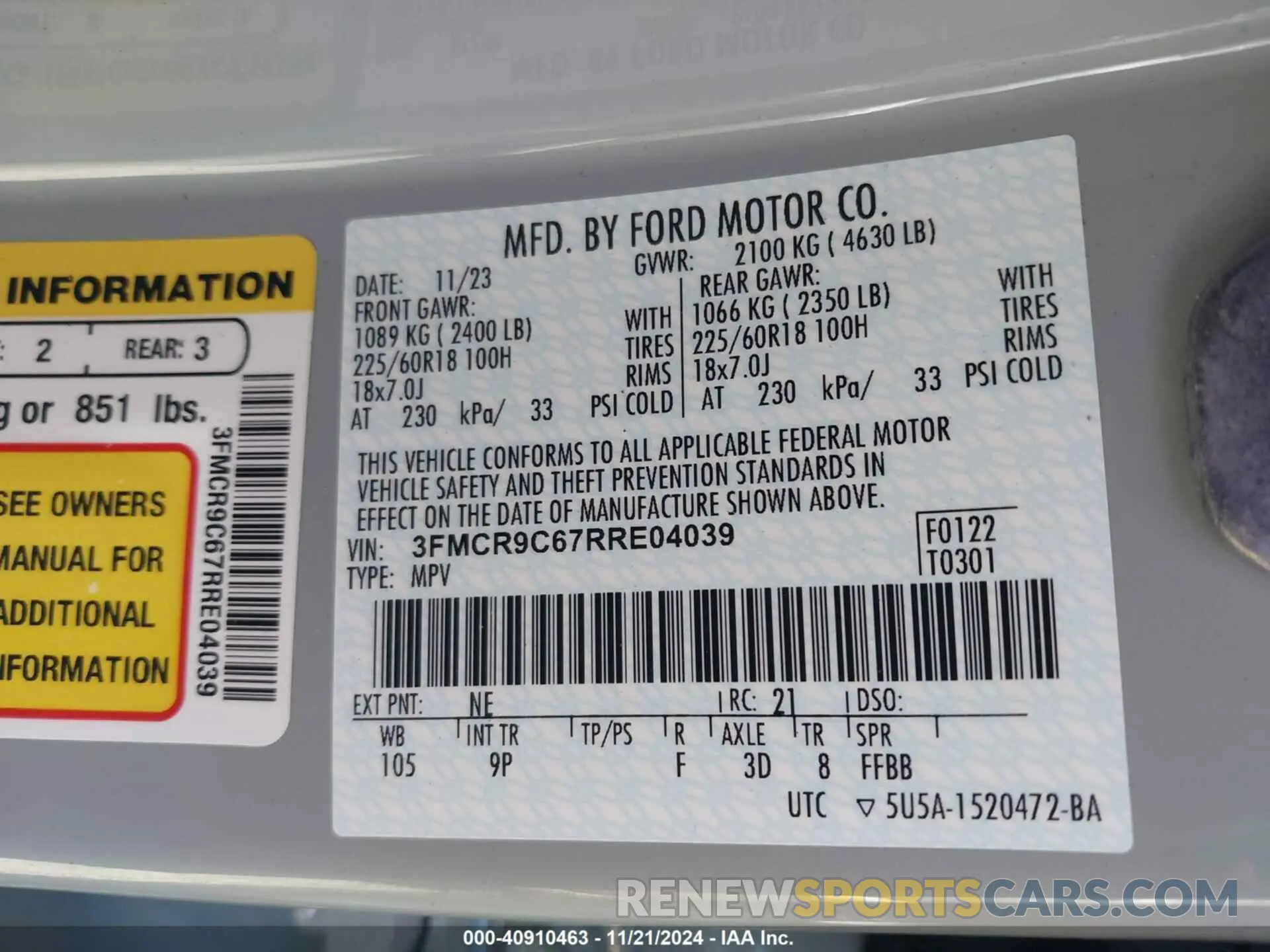 9 Photograph of a damaged car 3FMCR9C67RRE04039 FORD BRONCO SPORT 2024
