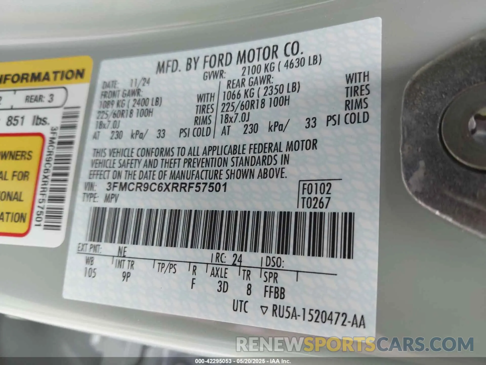 9 Photograph of a damaged car 3FMCR9C6XRRF57501 FORD BRONCO SPORT 2024