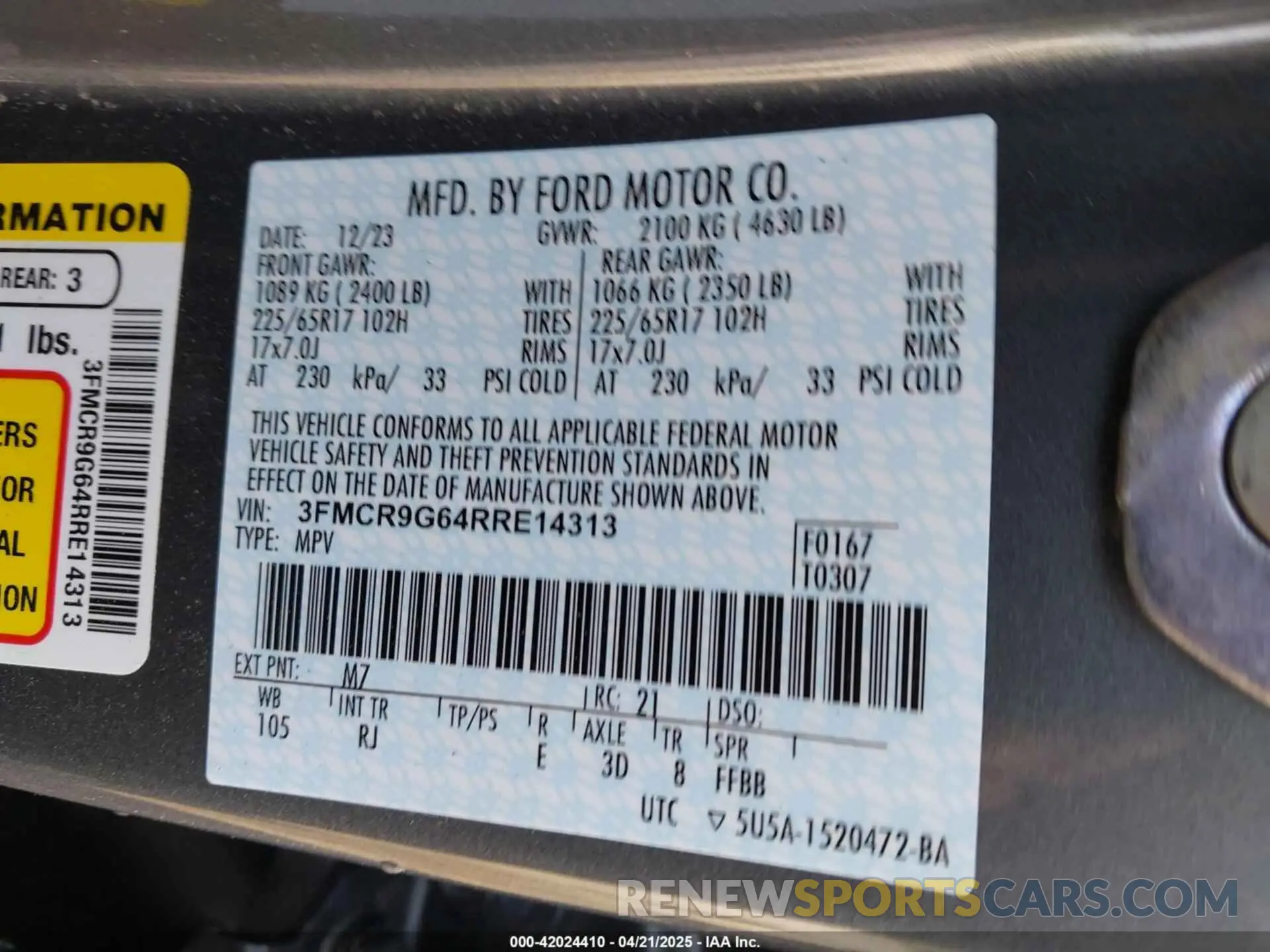 9 Photograph of a damaged car 3FMCR9G64RRE14313 FORD BRONCO SPORT 2024