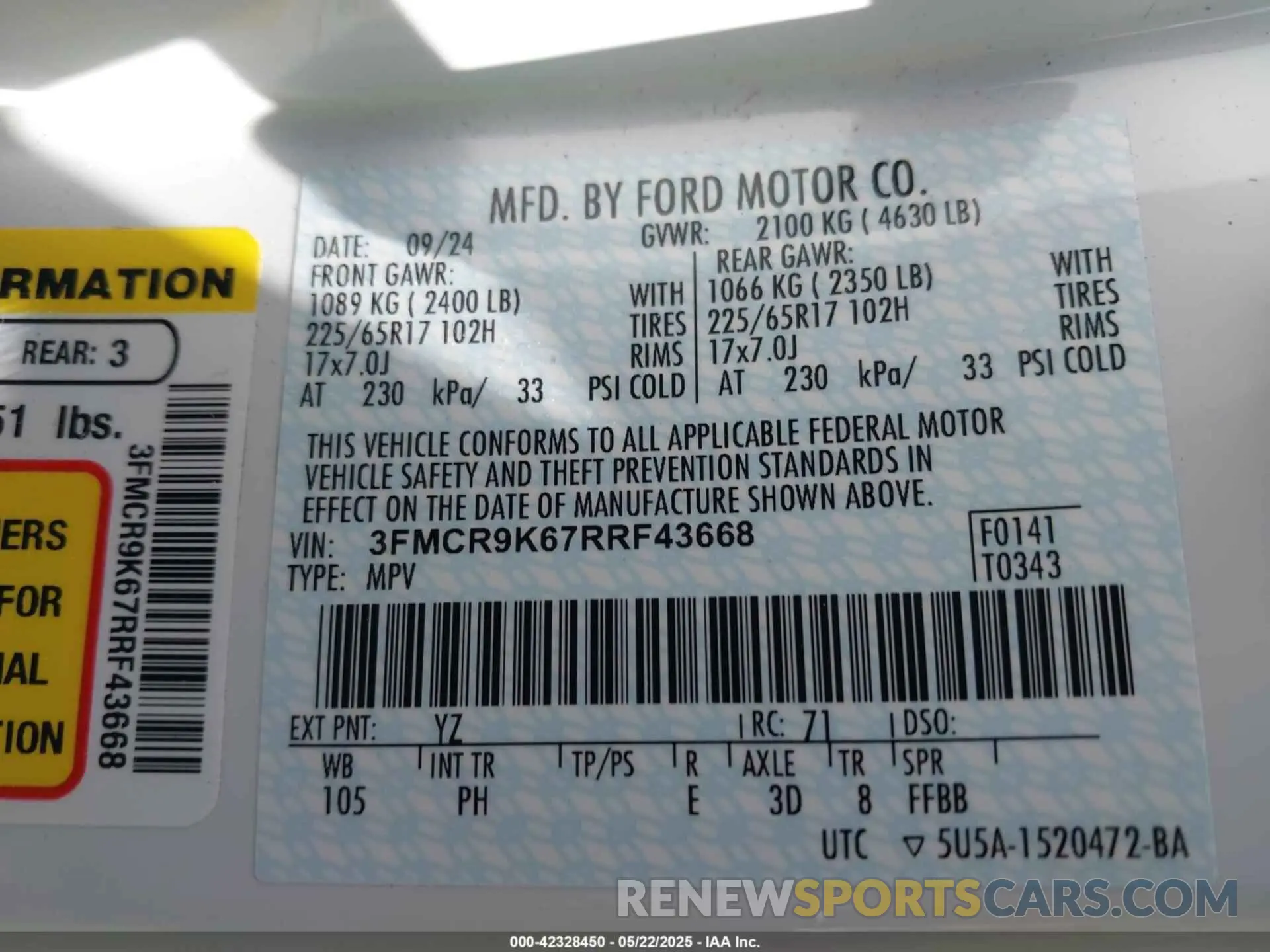 9 Photograph of a damaged car 3FMCR9K67RRF43668 FORD BRONCO SPORT 2024