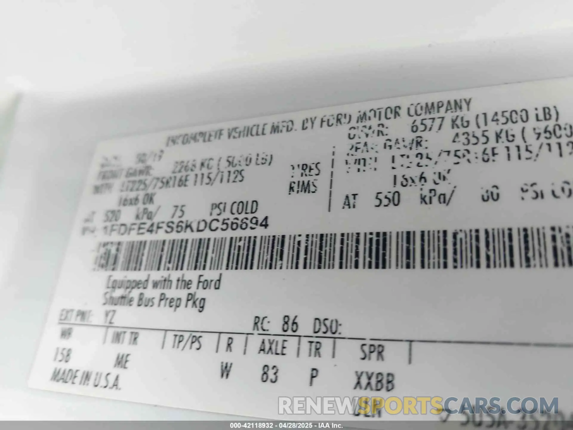 8 Photograph of a damaged car 1FDFE4FS6KDC56694 FORD E-450 CUTAWAY 2019