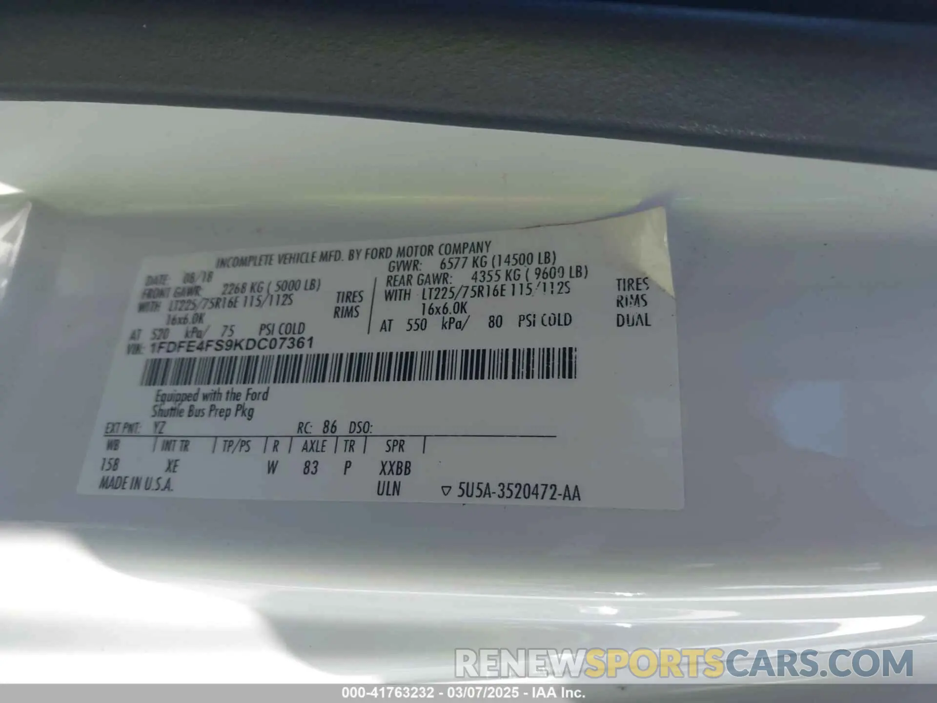 8 Photograph of a damaged car 1FDFE4FS9KDC07361 FORD E-450 CUTAWAY 2019