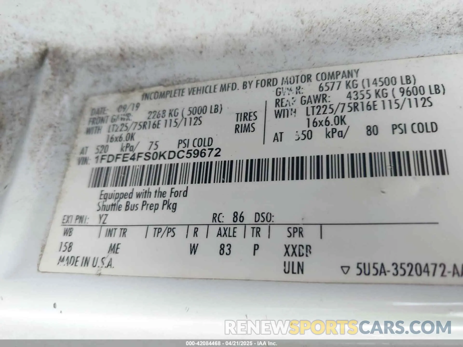 8 Photograph of a damaged car 1FDFE4FS9KDC30994 FORD E-450 CUTAWAY 2019