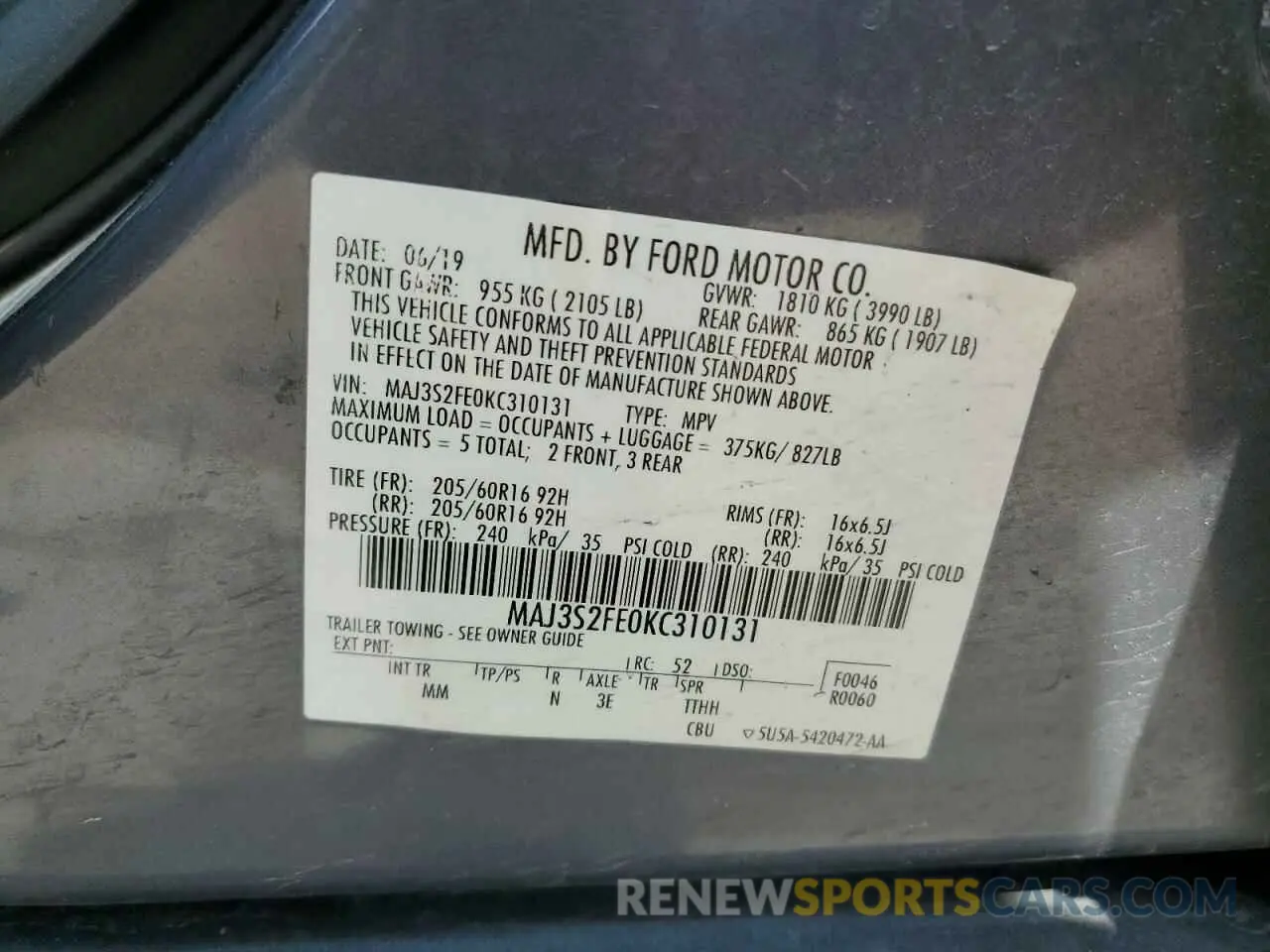 12 Photograph of a damaged car MAJ3S2FE0KC310131 FORD ECOSPORT 2019