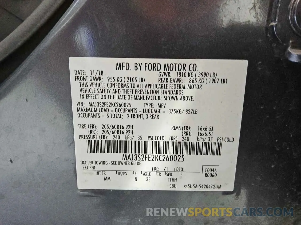 12 Photograph of a damaged car MAJ3S2FE2KC260025 FORD ECOSPORT 2019