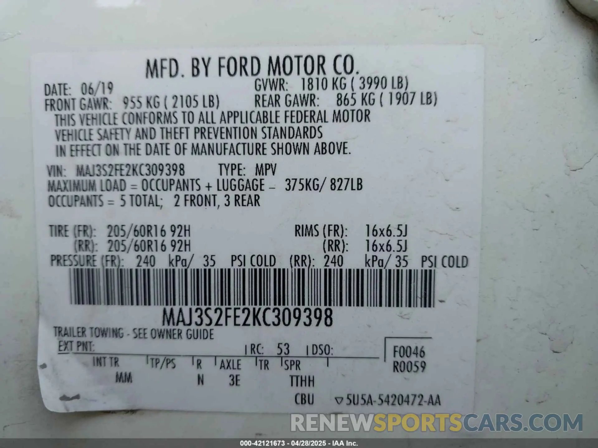 9 Photograph of a damaged car MAJ3S2FE2KC309398 FORD ECOSPORT 2019
