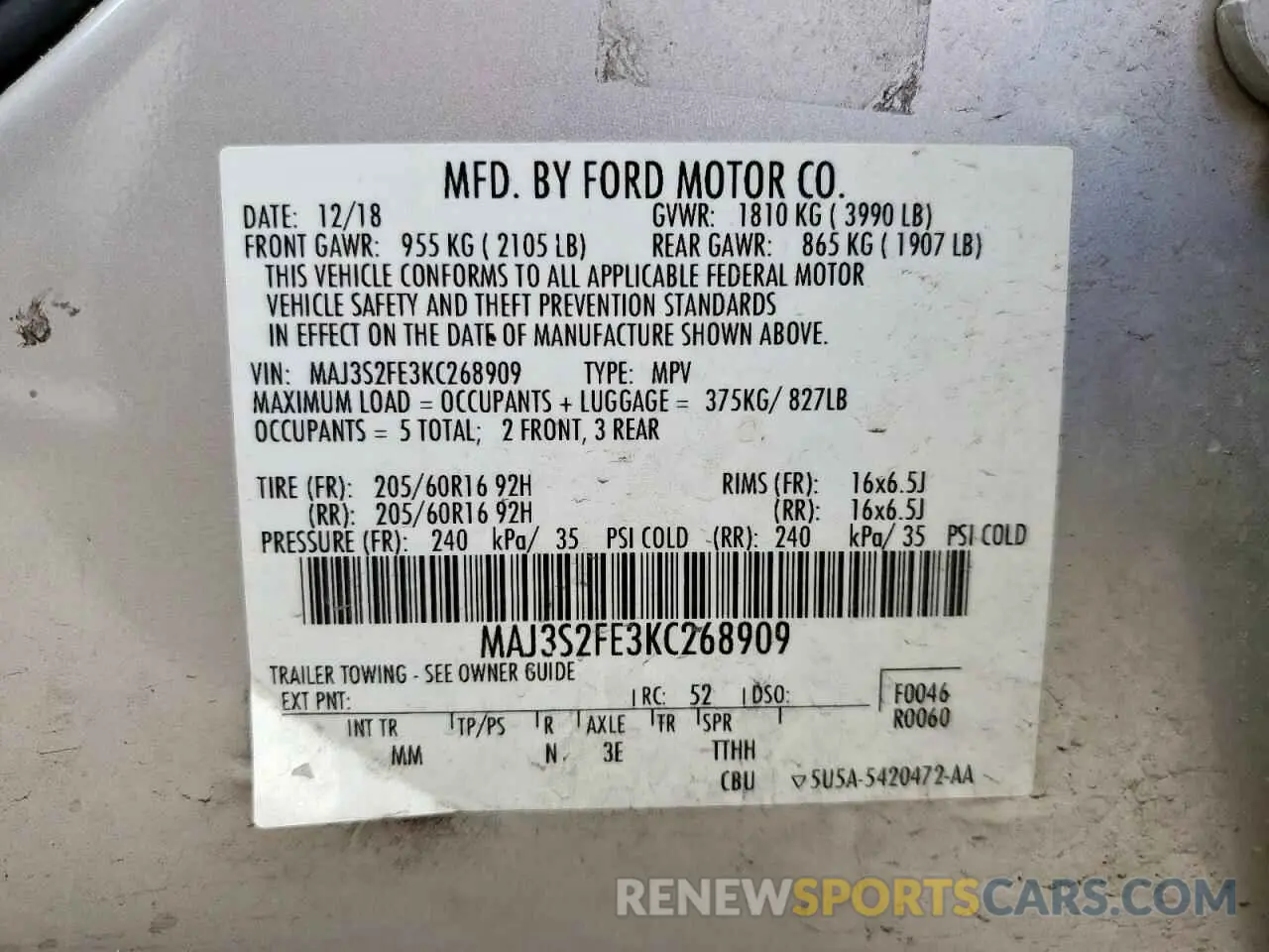 13 Photograph of a damaged car MAJ3S2FE3KC268909 FORD ECOSPORT 2019