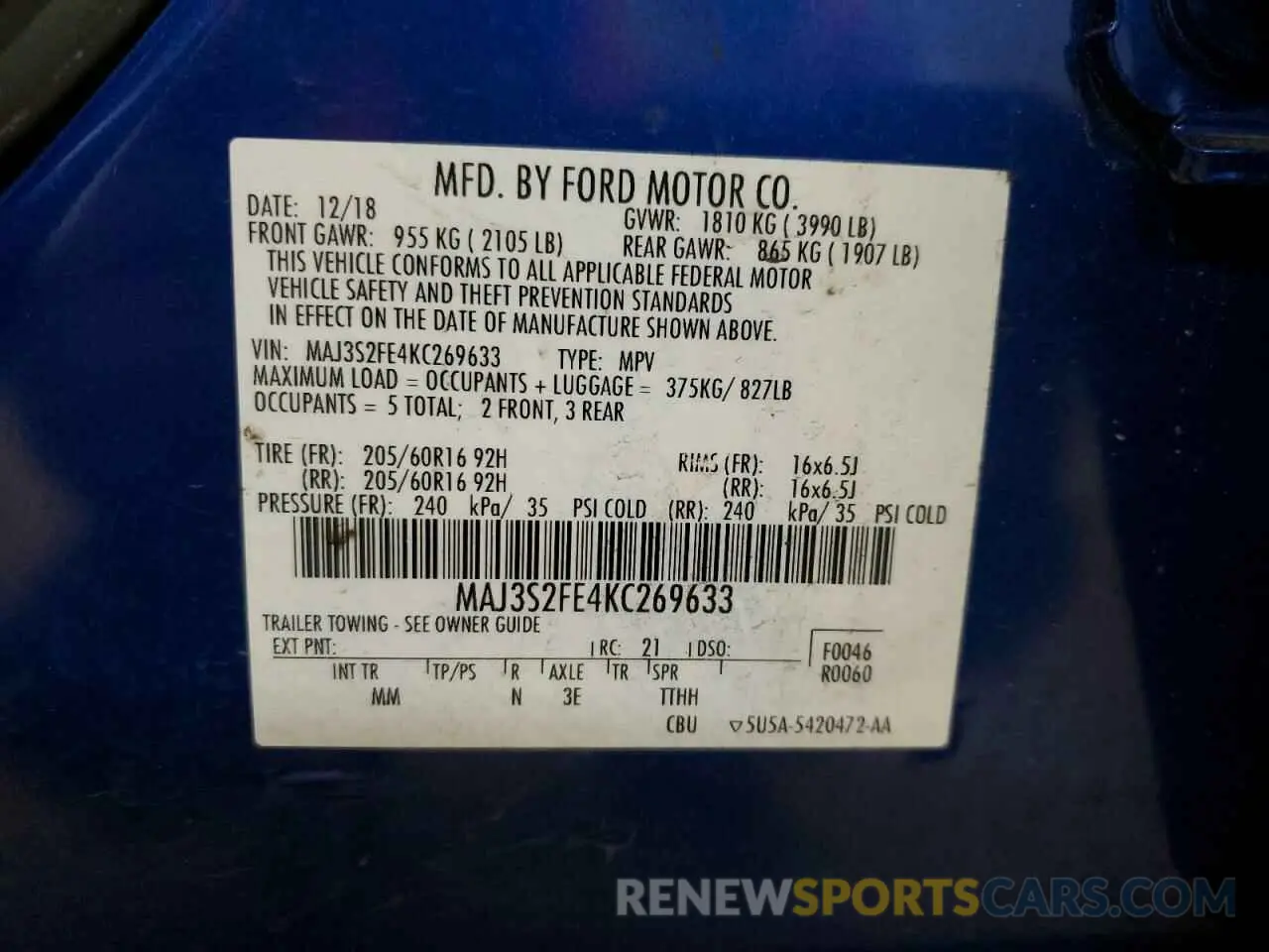 13 Photograph of a damaged car MAJ3S2FE4KC269633 FORD ECOSPORT 2019