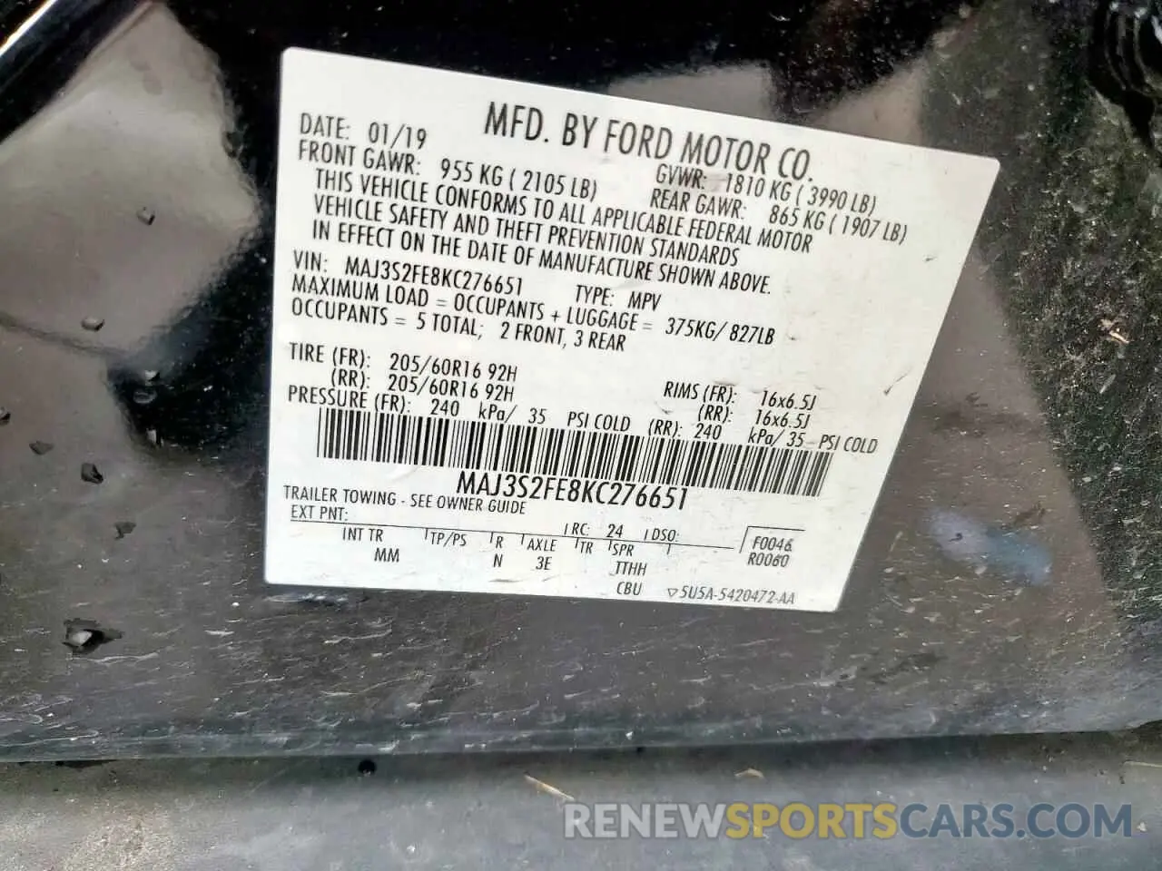 12 Photograph of a damaged car MAJ3S2FE8KC276651 FORD ECOSPORT 2019