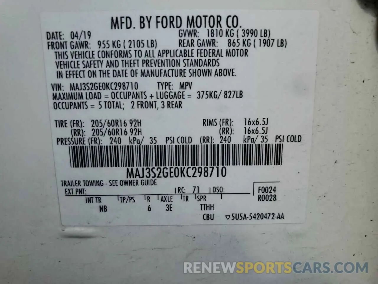 15 Photograph of a damaged car MAJ3S2GE0KC298710 FORD ECOSPORT 2019