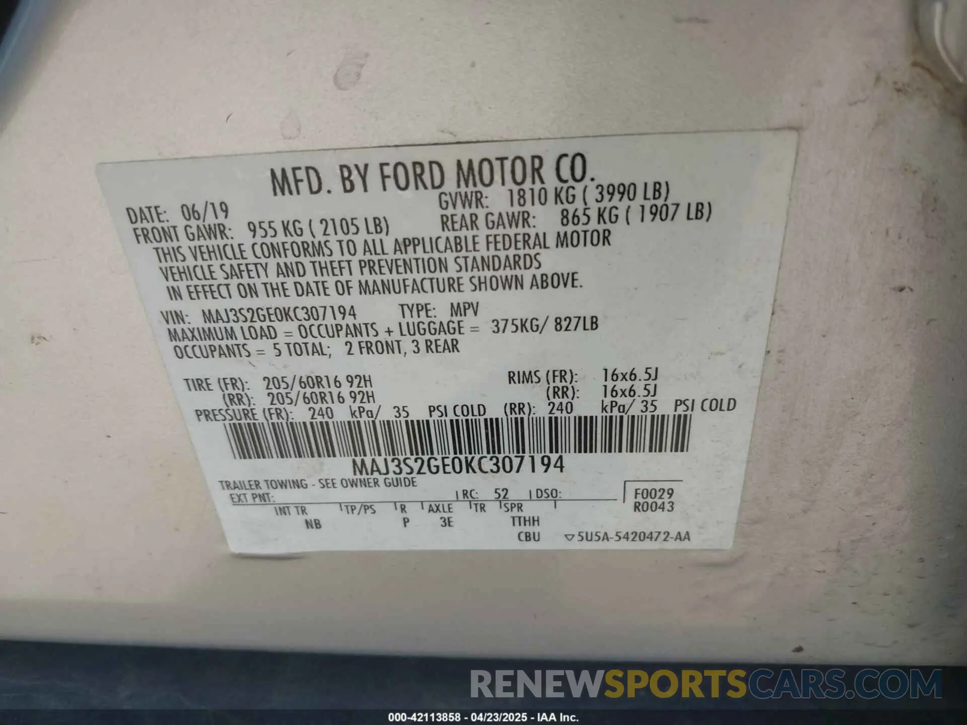 9 Photograph of a damaged car MAJ3S2GE0KC307194 FORD ECOSPORT 2019
