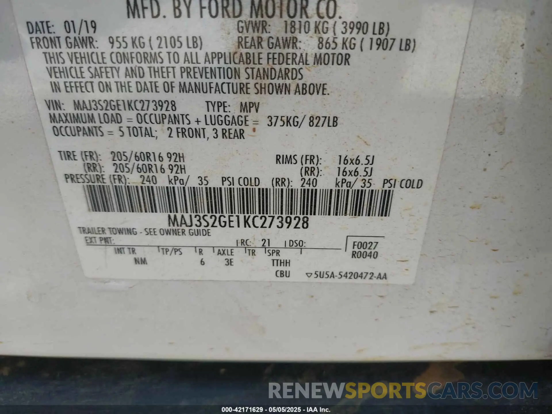 9 Photograph of a damaged car MAJ3S2GE1KC273928 FORD ECOSPORT 2019