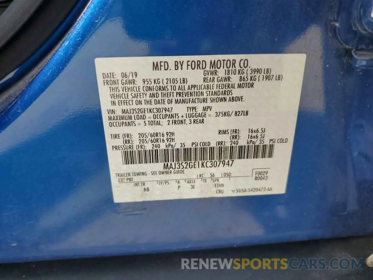 14 Photograph of a damaged car MAJ3S2GE1KC307947 FORD ECOSPORT 2019