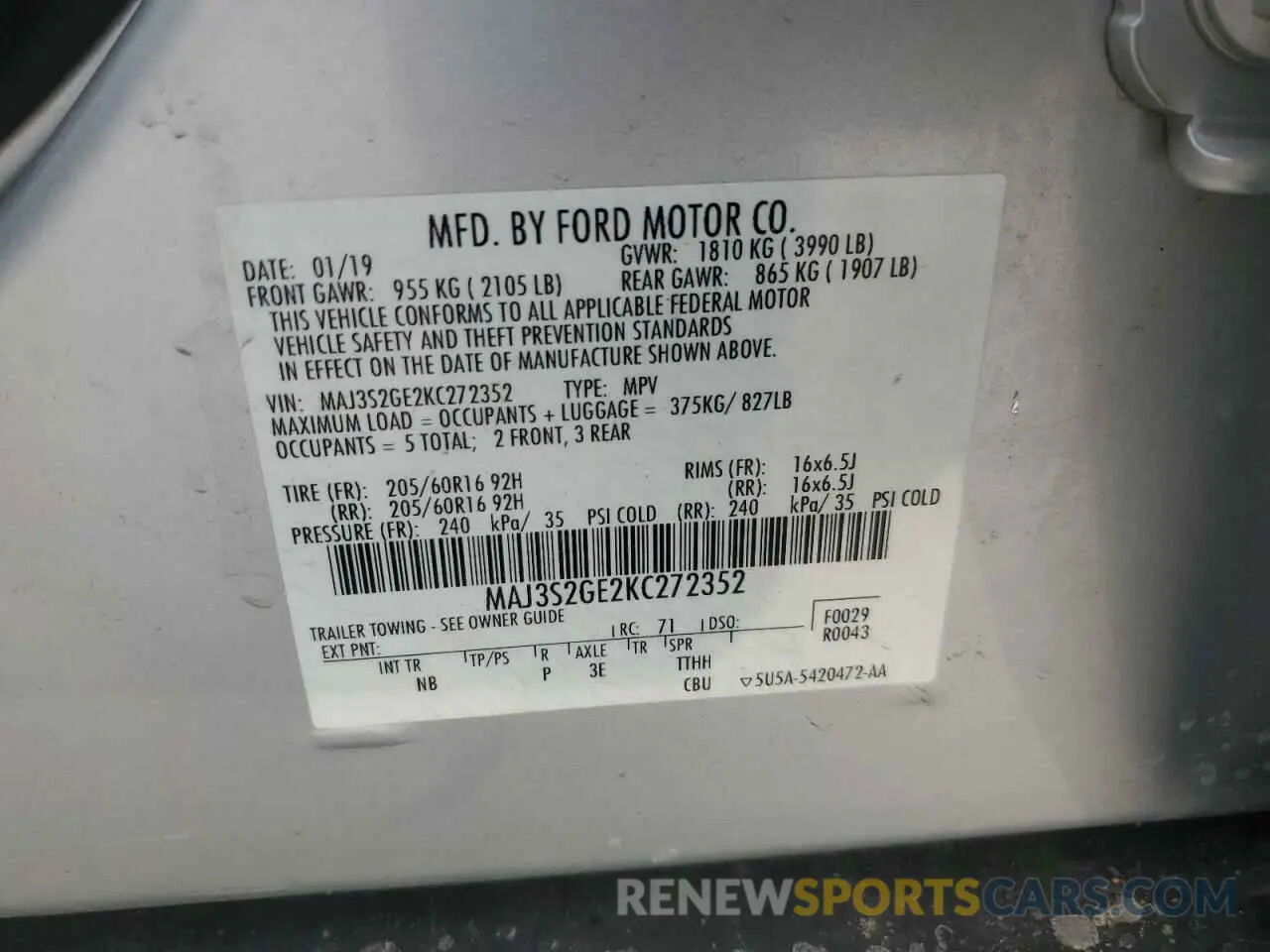 13 Photograph of a damaged car MAJ3S2GE2KC272352 FORD ECOSPORT 2019