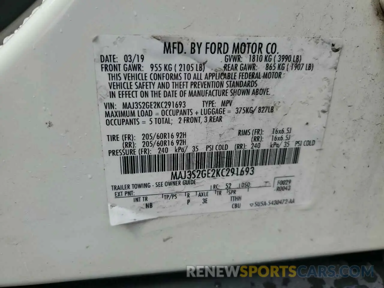 14 Photograph of a damaged car MAJ3S2GE2KC291693 FORD ECOSPORT 2019