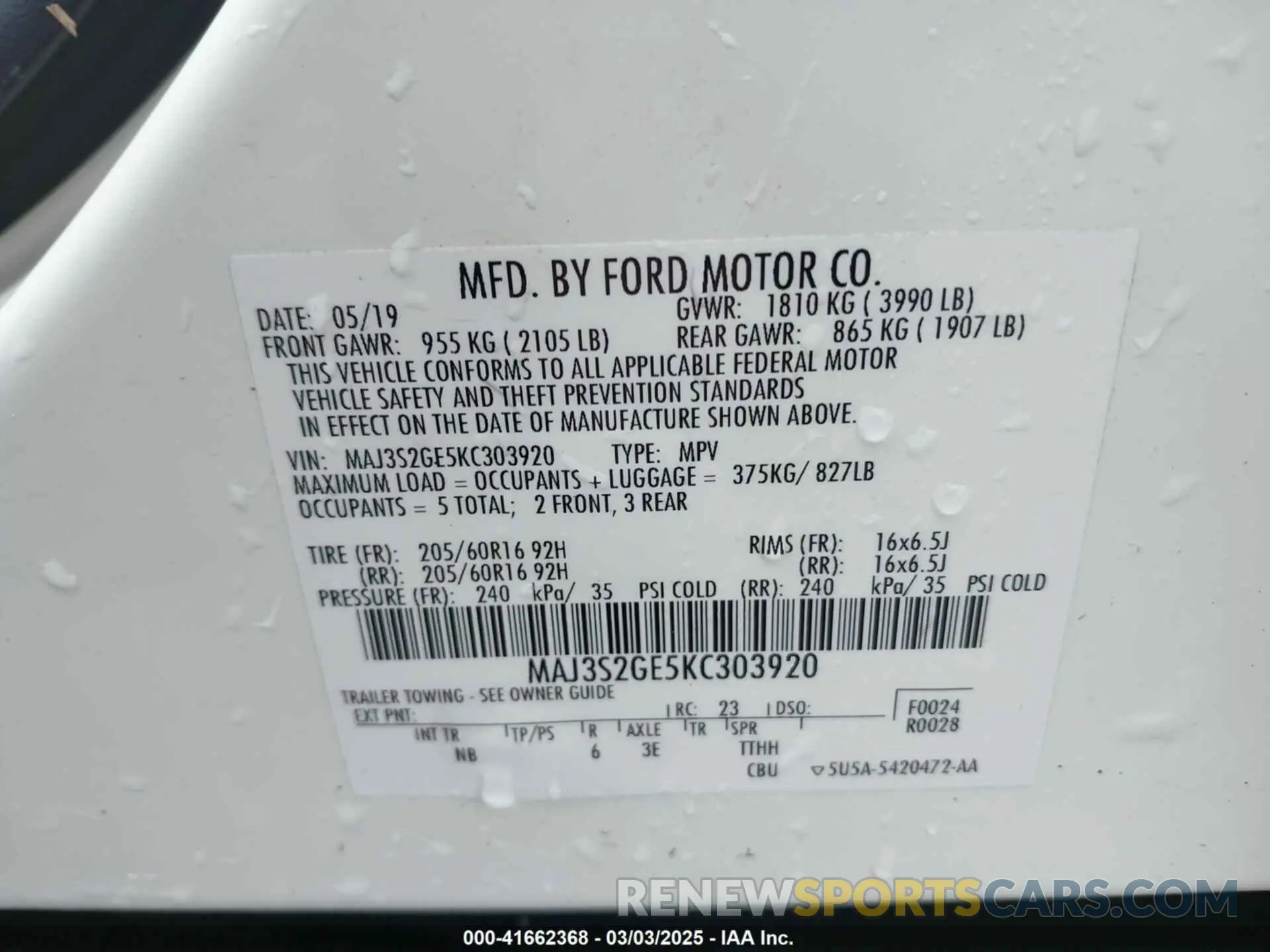 9 Photograph of a damaged car MAJ3S2GE5KC303920 FORD ECOSPORT 2019