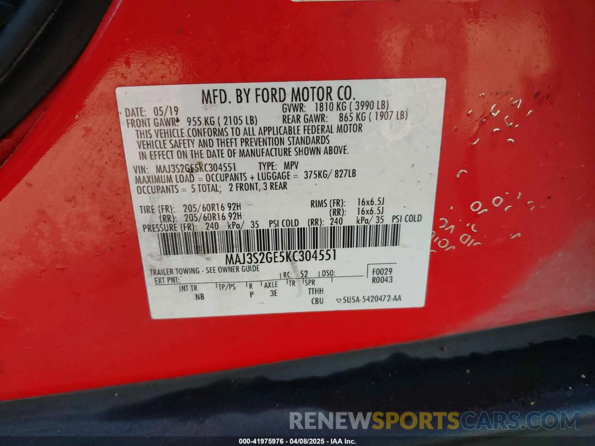 9 Photograph of a damaged car MAJ3S2GE5KC304551 FORD ECOSPORT 2019