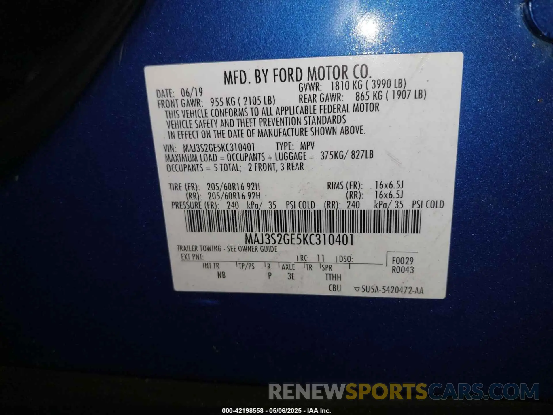 9 Photograph of a damaged car MAJ3S2GE5KC310401 FORD ECOSPORT 2019