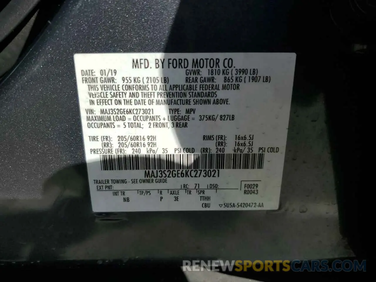 14 Photograph of a damaged car MAJ3S2GE6KC273021 FORD ECOSPORT 2019