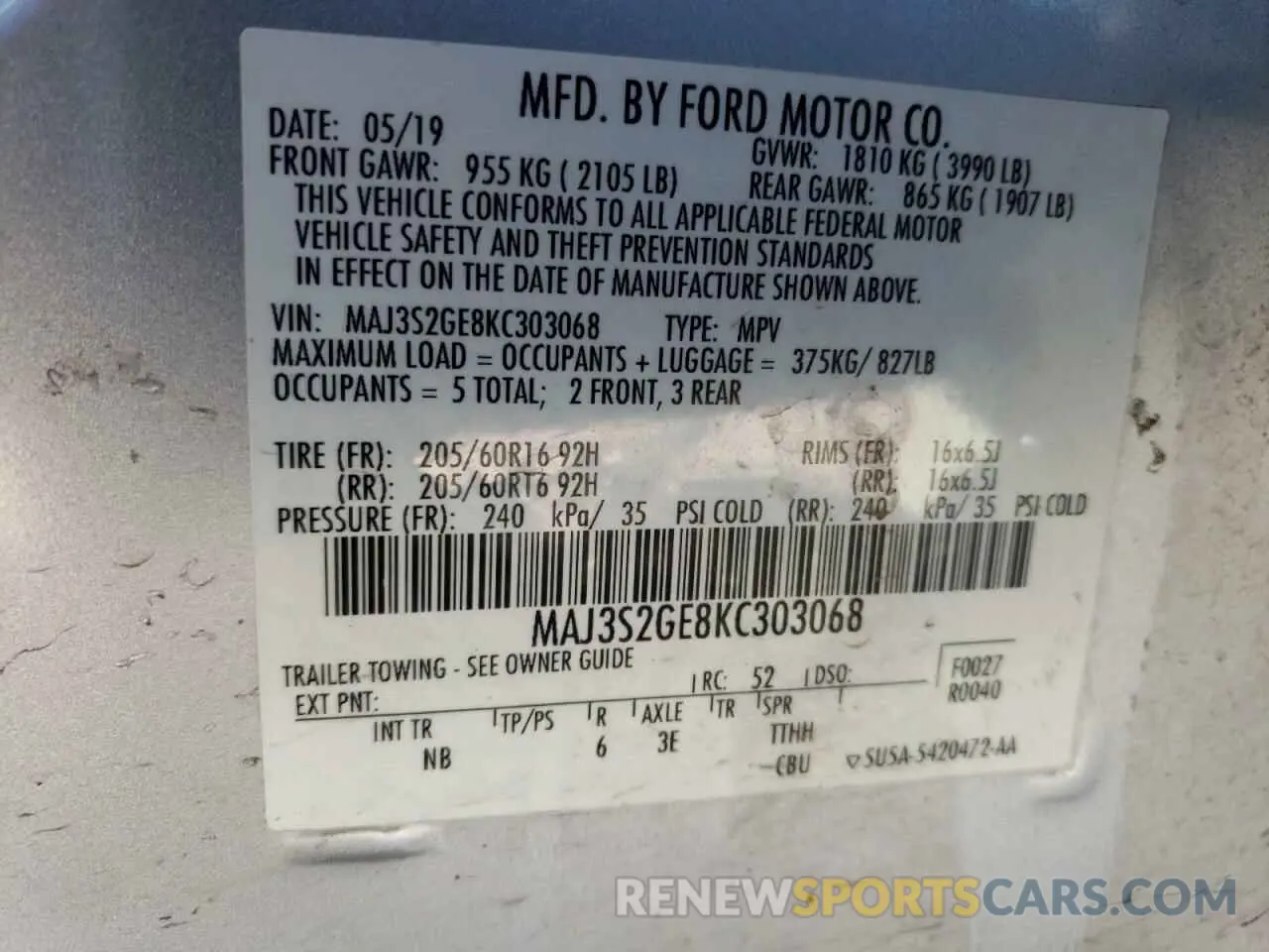 15 Photograph of a damaged car MAJ3S2GE8KC303068 FORD ECOSPORT 2019