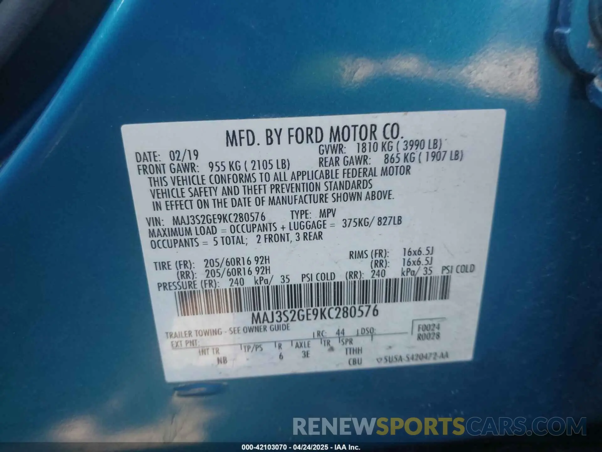 9 Photograph of a damaged car MAJ3S2GE9KC280576 FORD ECOSPORT 2019
