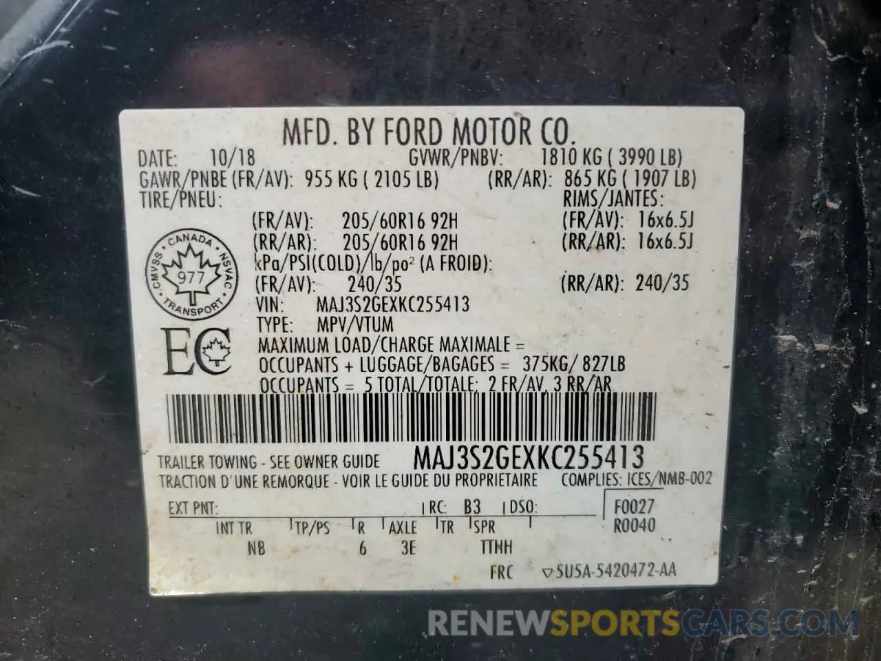 14 Photograph of a damaged car MAJ3S2GEXKC255413 FORD ECOSPORT 2019