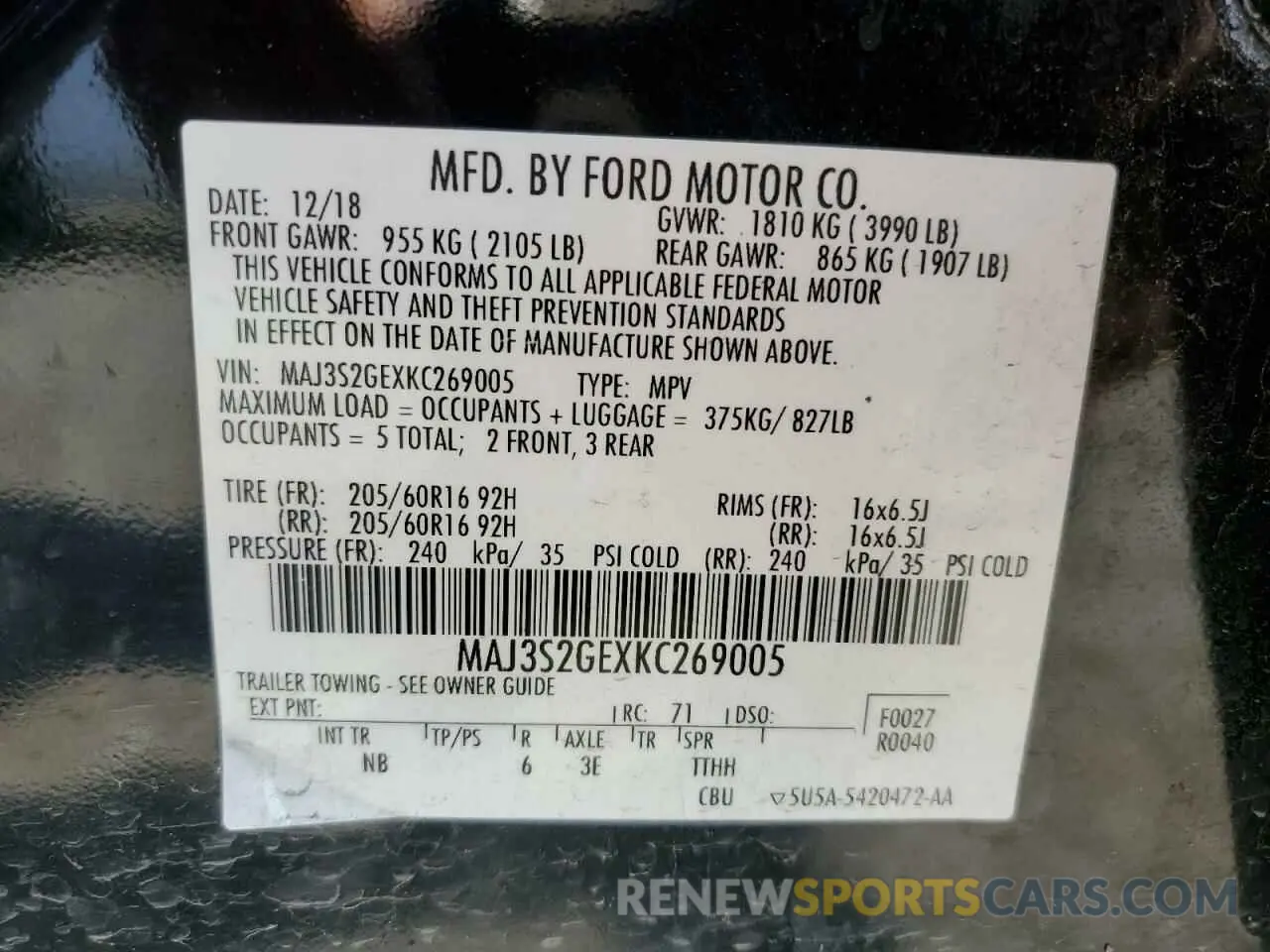 13 Photograph of a damaged car MAJ3S2GEXKC269005 FORD ECOSPORT 2019