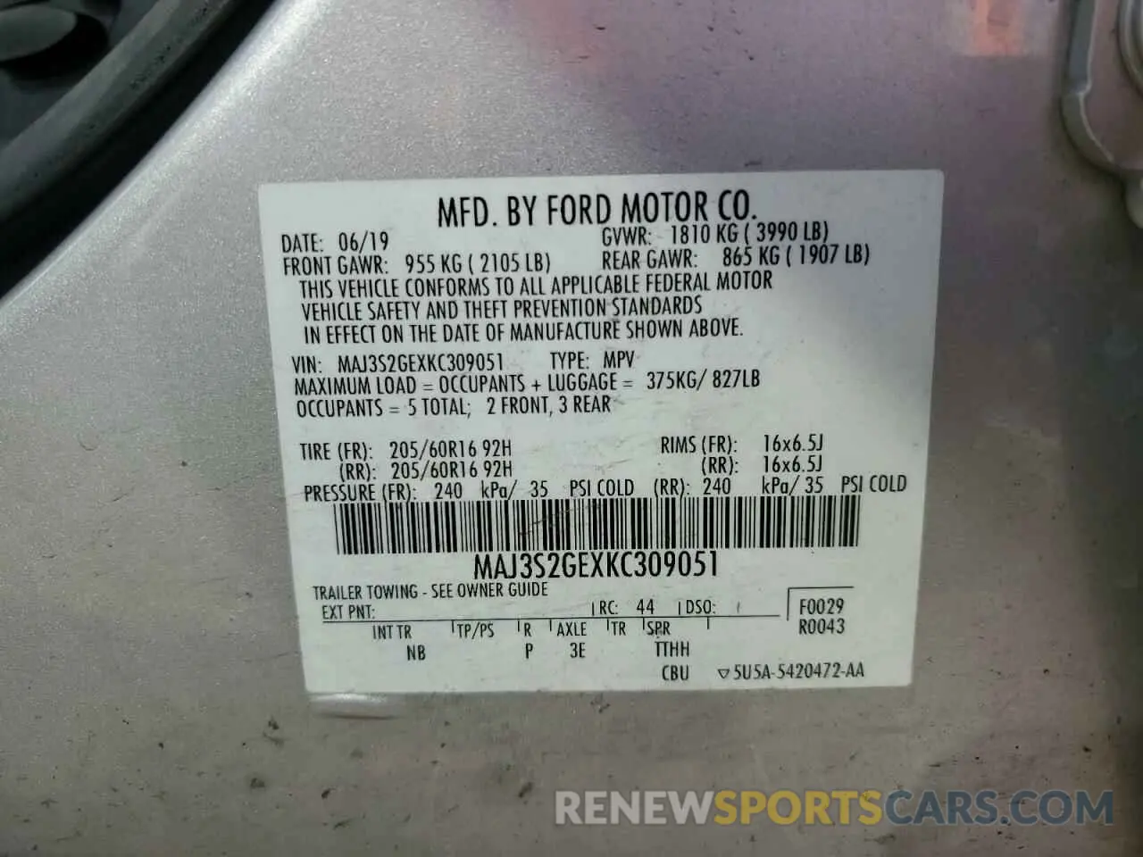13 Photograph of a damaged car MAJ3S2GEXKC309051 FORD ECOSPORT 2019