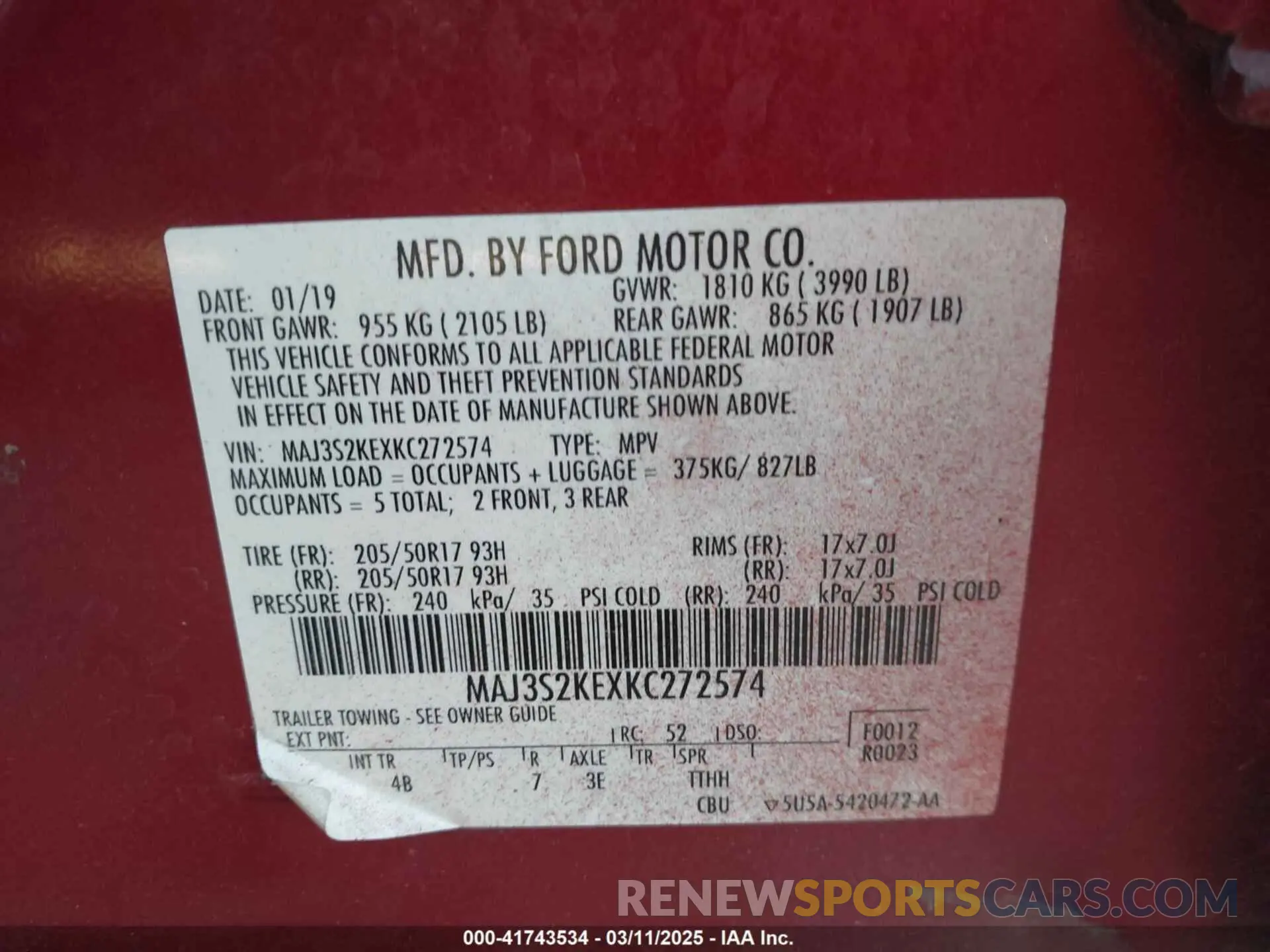 9 Photograph of a damaged car MAJ3S2KEXKC272574 FORD ECOSPORT 2019