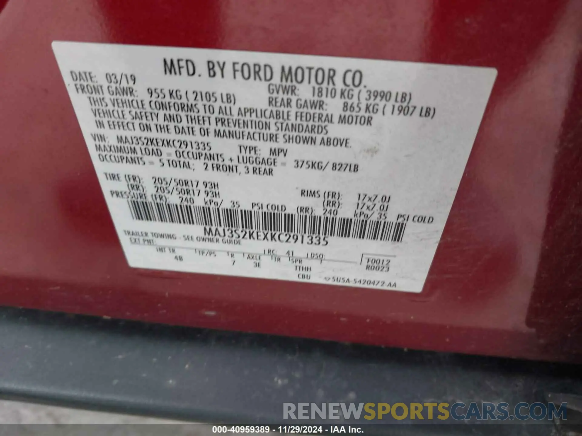 9 Photograph of a damaged car MAJ3S2KEXKC291335 FORD ECOSPORT 2019