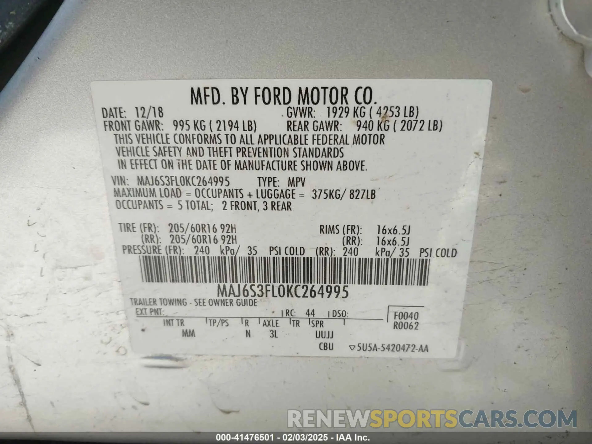 9 Photograph of a damaged car MAJ6S3FL0KC264995 FORD ECOSPORT 2019