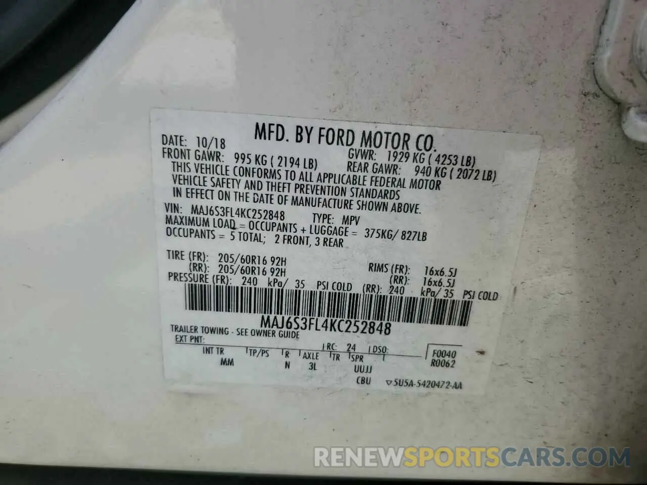 14 Photograph of a damaged car MAJ6S3FL4KC252848 FORD ECOSPORT 2019