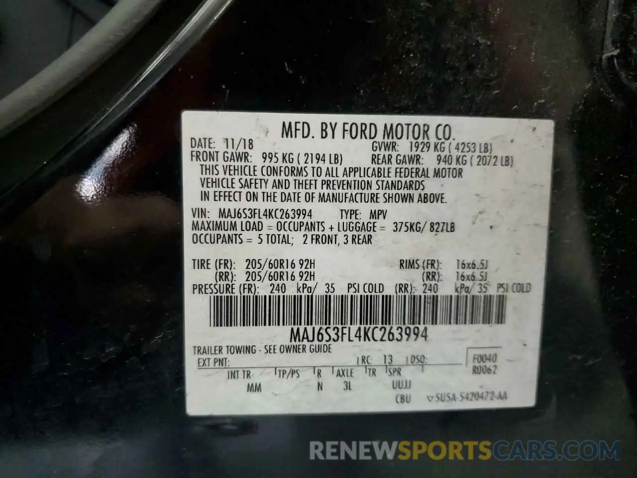 13 Photograph of a damaged car MAJ6S3FL4KC263994 FORD ECOSPORT 2019
