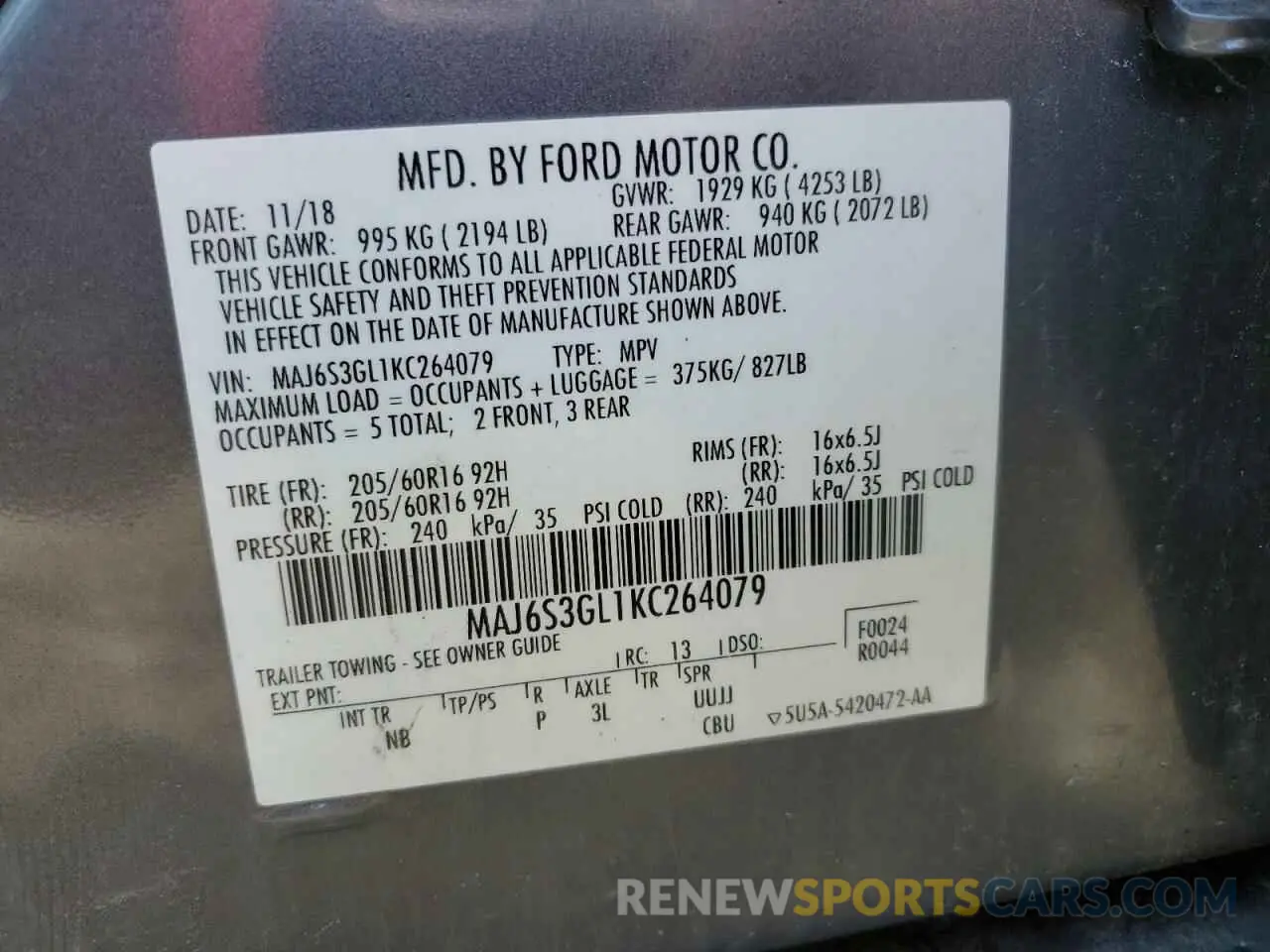 14 Photograph of a damaged car MAJ6S3GL1KC264079 FORD ECOSPORT 2019