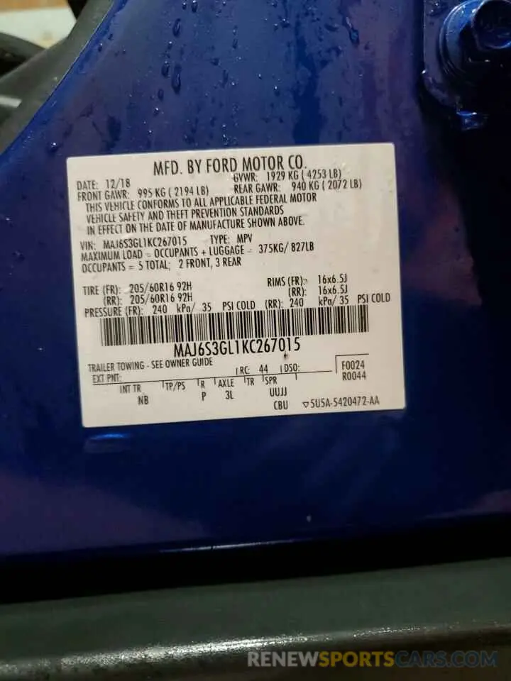 13 Photograph of a damaged car MAJ6S3GL1KC267015 FORD ECOSPORT 2019